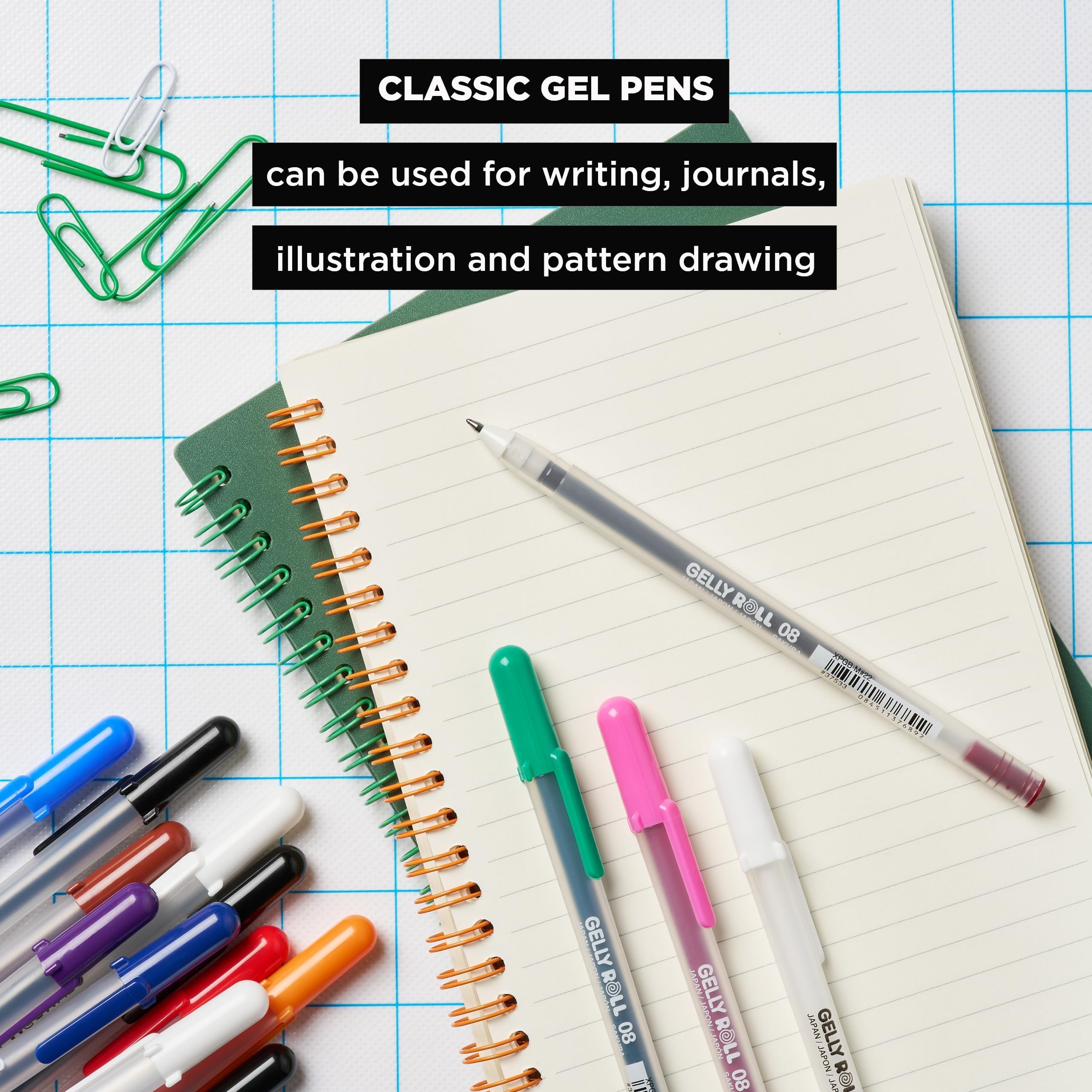 SAKURA Gelly Roll - Bolígrafos de gel de punta media y gruesa para diario, arte o dibujo, tinta blanca clásica, 08/10, tamaños de punta surtidos, paquete de 6