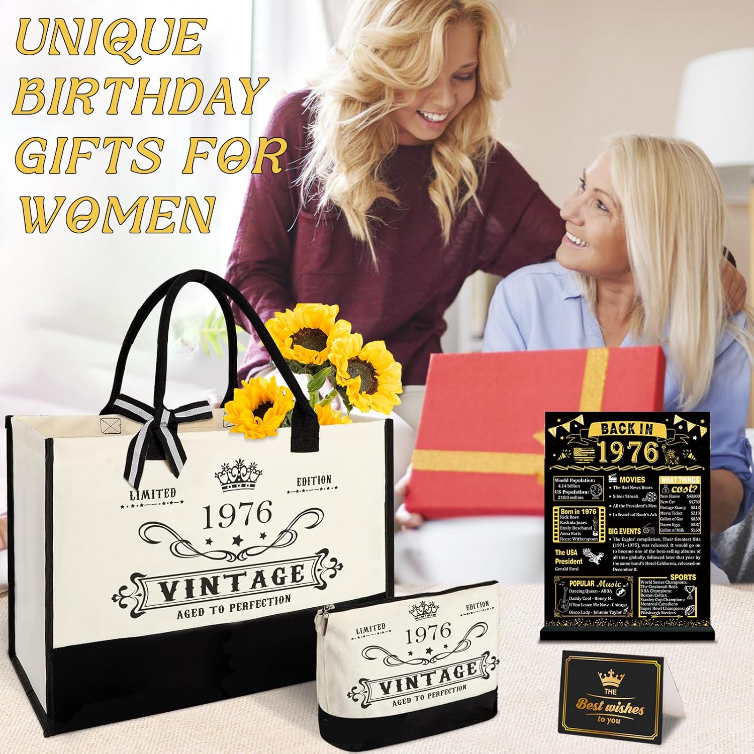 YeohJoy 50th Birthday Gifts for Women Canvas Tote Bag Travel Gear, Unique 50 Years Old Birthday Gifts for Mom Wife Aunt Friends Her, Vintage 1976 Handbag & Cosmetic Bag & Back in 1976 Poster - Image 7