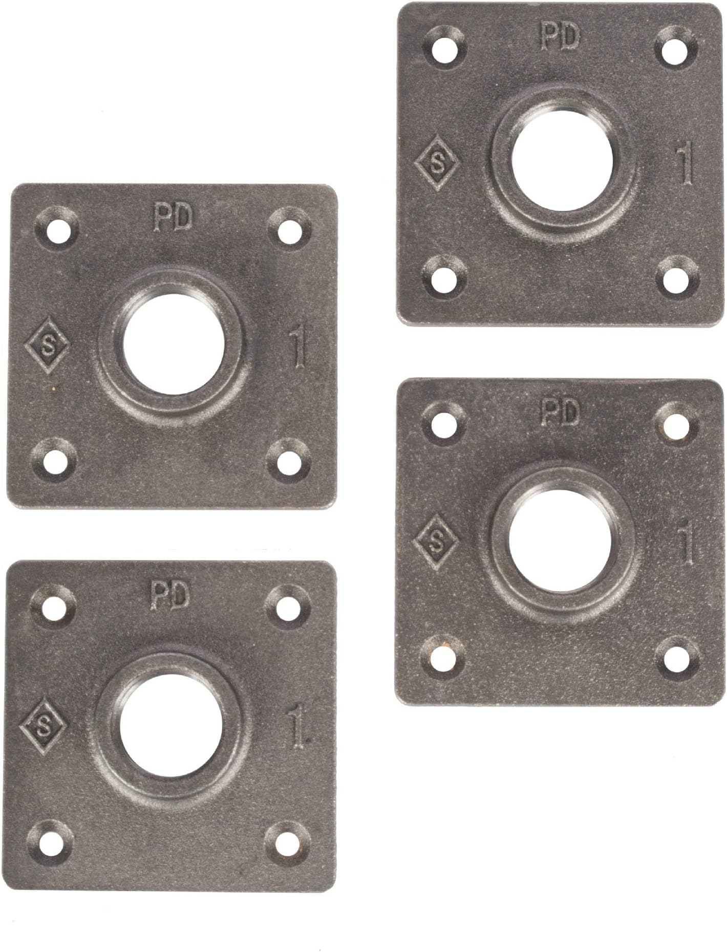 PIPE DECOR 1" Square Floor Flange Fitting, 4-Pack, Malleable Iron, Fits One Inch Diameter Black Steel Plumbing Pipes and Nipples, Build Vintage DIY Pipe Industrial Furniture and Shelving