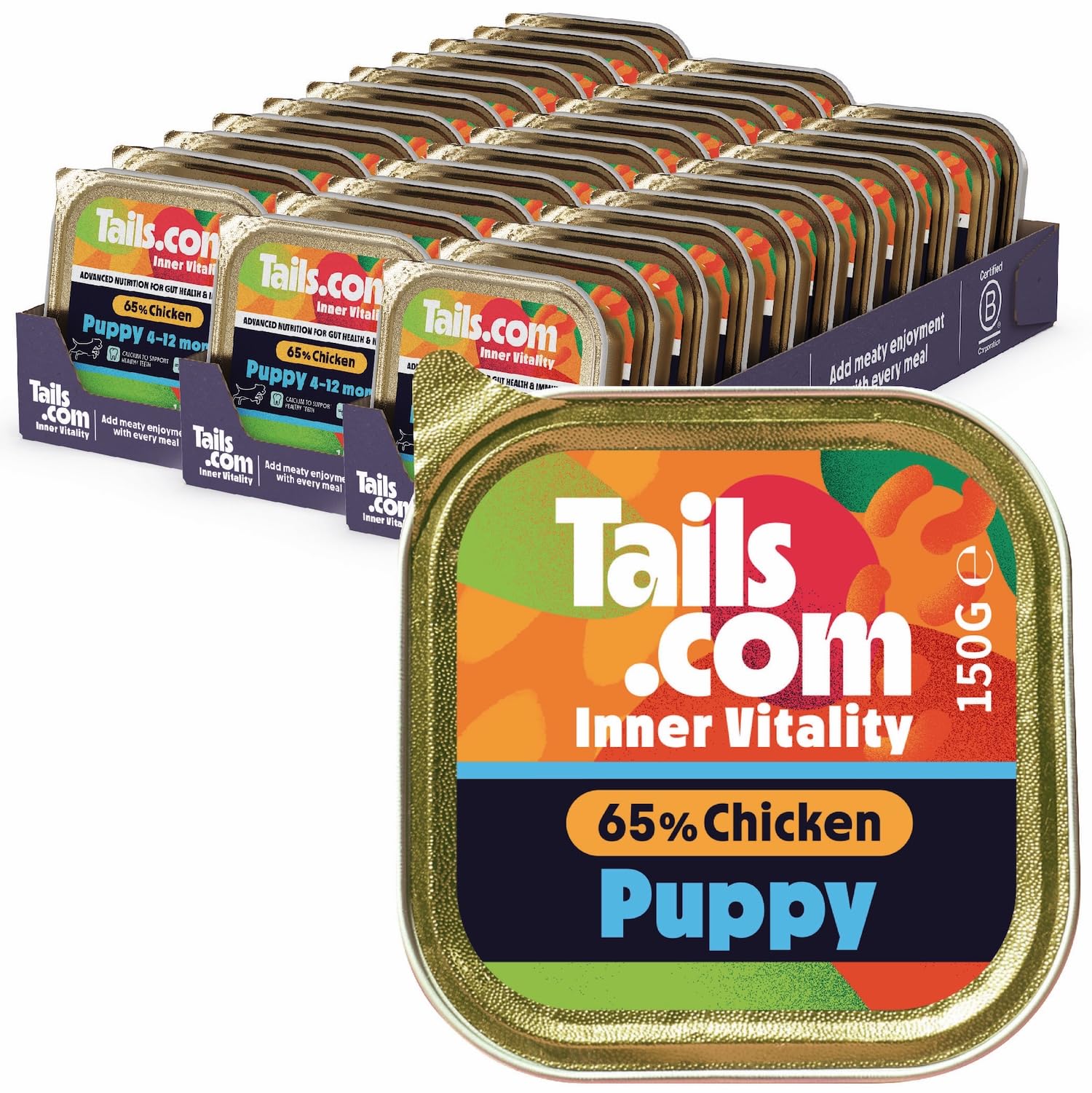 Tails.com • Wet Dog Food 33 x 150g • Chicken • Puppy 8 weeks - 18 months • Hypoallergenic Recipe • Made with natural ingredients • Contains Paraprobiotics to Support Gut Health