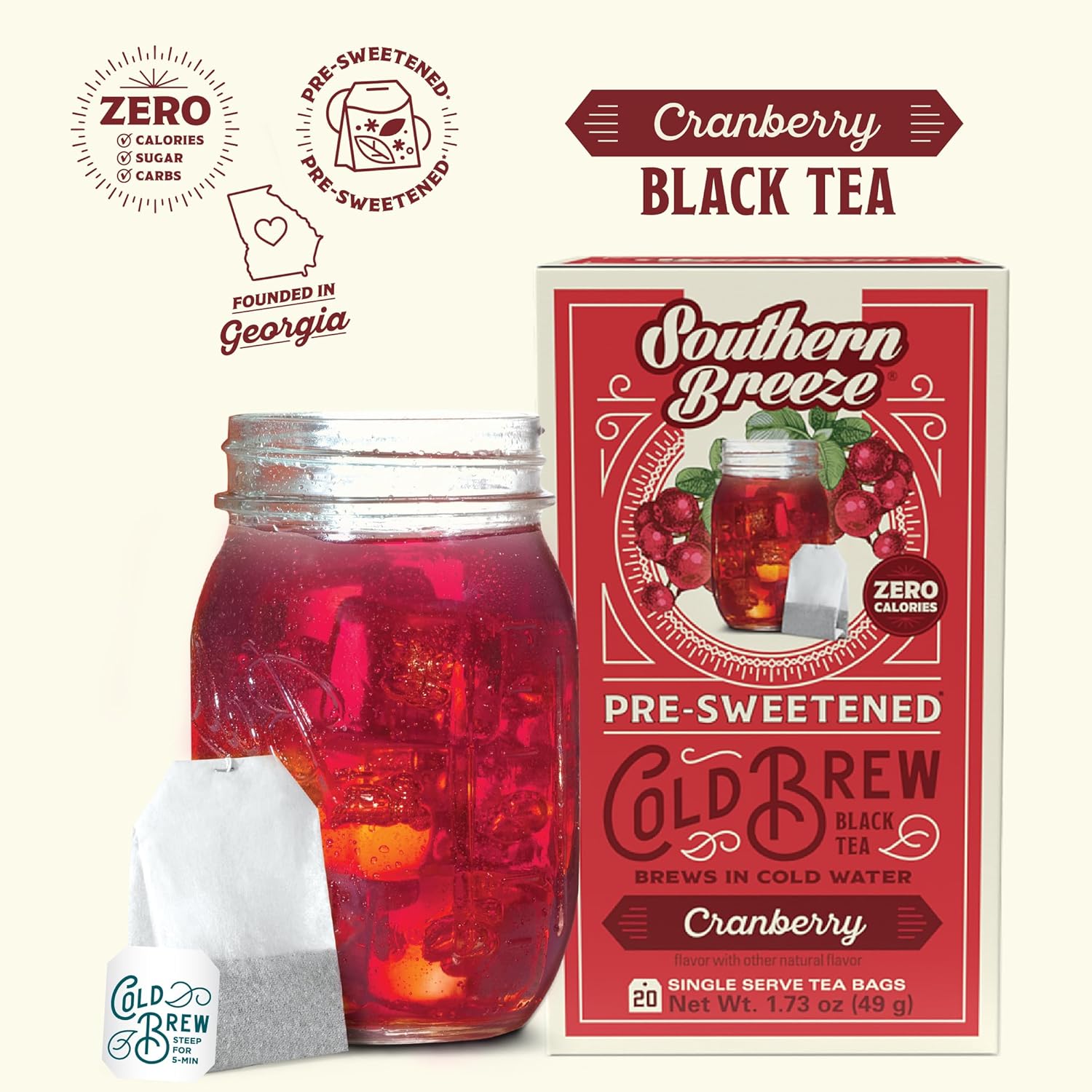 Southern Breeze Cold Brew Sweet Tea Cranberry Iced Tea with Black Tea and Zero Carbs Zero Sugar, 20 Individually Wrapped Tea Bags Pack of 4
