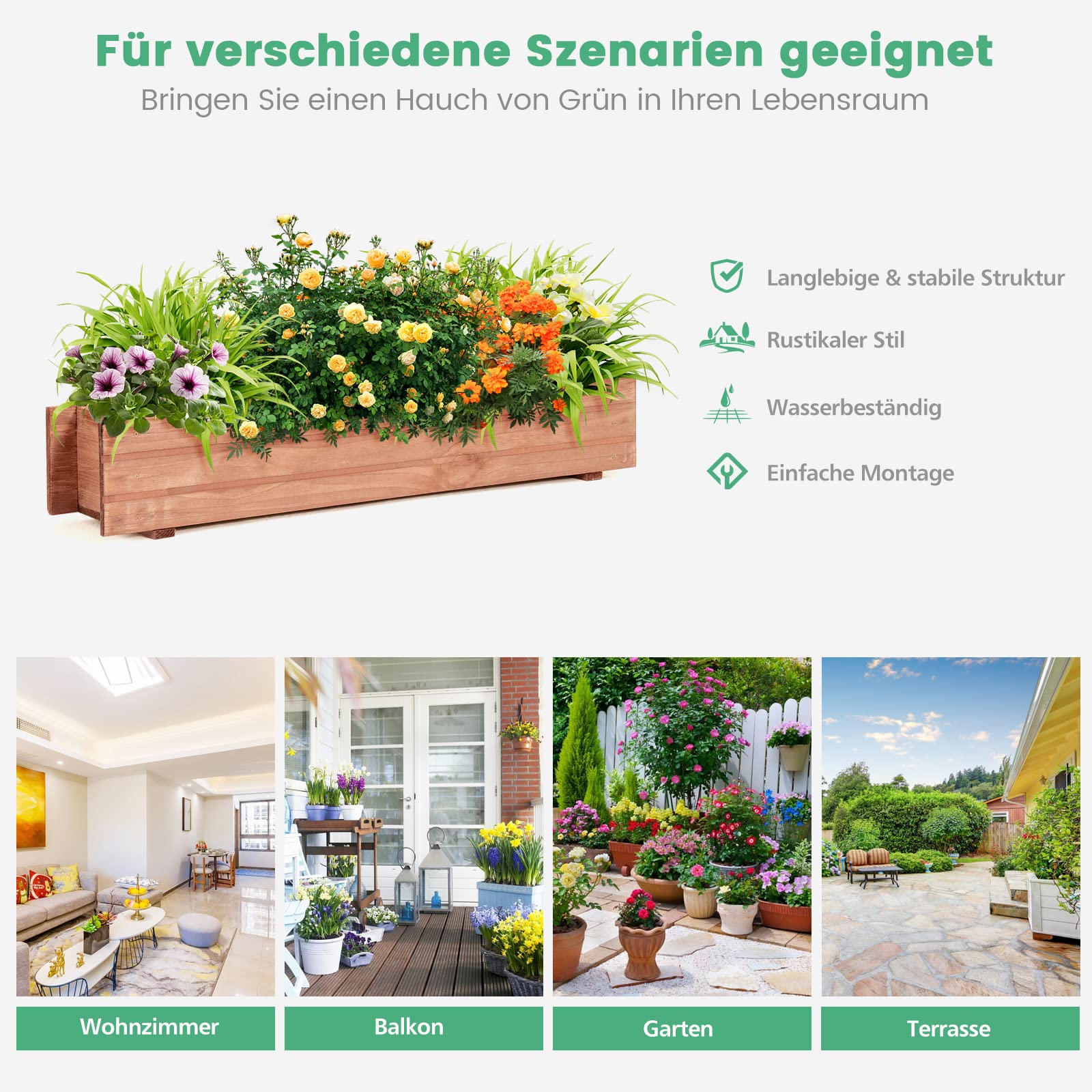 RELAX4LIFE Blumenkasten Aus Holz – 2-stufiger Pflanzkübel Mit Ablauflöchern, Halbrädern, Rostikal, 56x33x56,5 Cm – Für Garten, Balkon & Terrasse