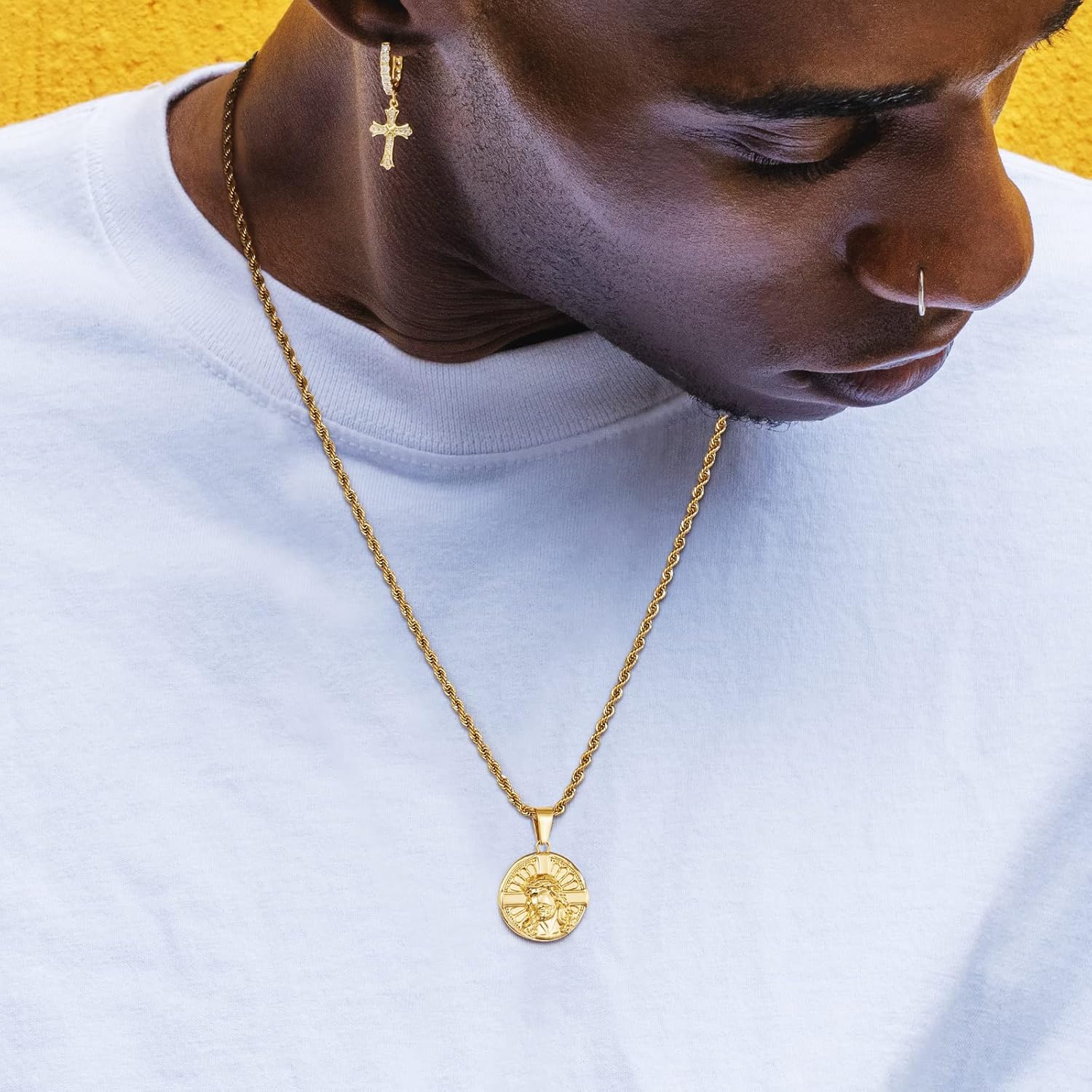 KRKC&CO Gold Jesus Pendant Medallion Necklace Men, Cross/St Christopher Circle Coin Vintage, Birthday Gift for Him Husband, 2.5mm, 22in