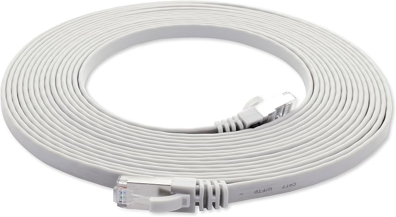 1aTTack.de 10m - weiß - 1 Stück Cat7 Flachkabel Netzwerkkabel Cat 7 Rohkabel Gigabit Lan (10Gbit/s) Flachbandkabel Verlegekabel Patchkabel Flach Slim Rj 45 Stecker Cat6a
