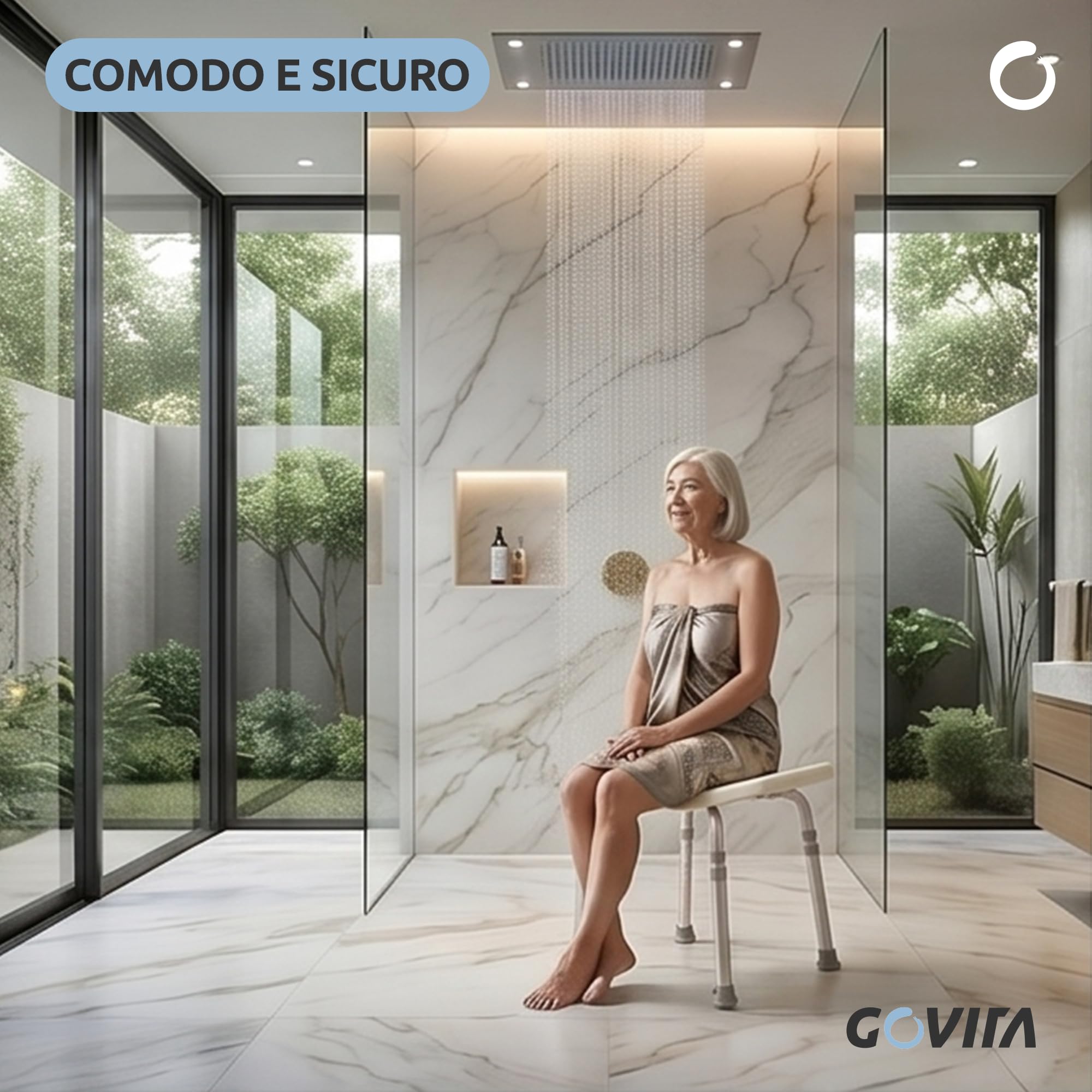 GOVITA Sgabello Doccia Anziani e Disabili Antiscivolo – Sedia Doccia Regolabile in Alluminio, Sedile Sicuro e Stabile con Piedini Antiscivolo, Ideale per Doccia e Vasca (43 cm, Rettangolare)
