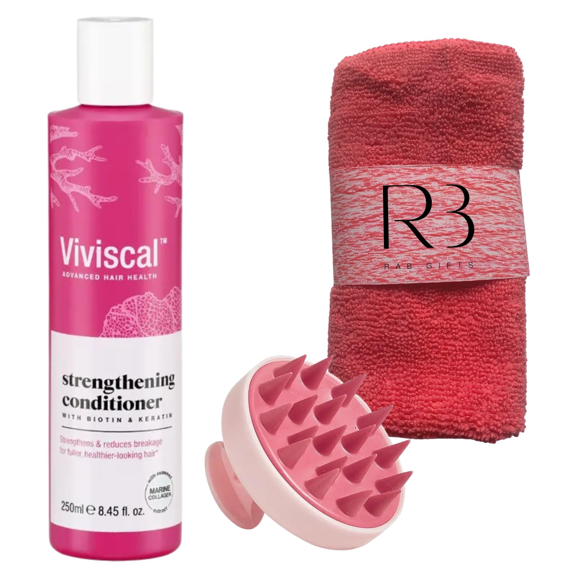 Densifying and Thickening Hair Care Bundle With Viviscal Strengthening Conditioner 250ml & RAB Gifts Hair Towel Wrap & Scalp Massager Brush