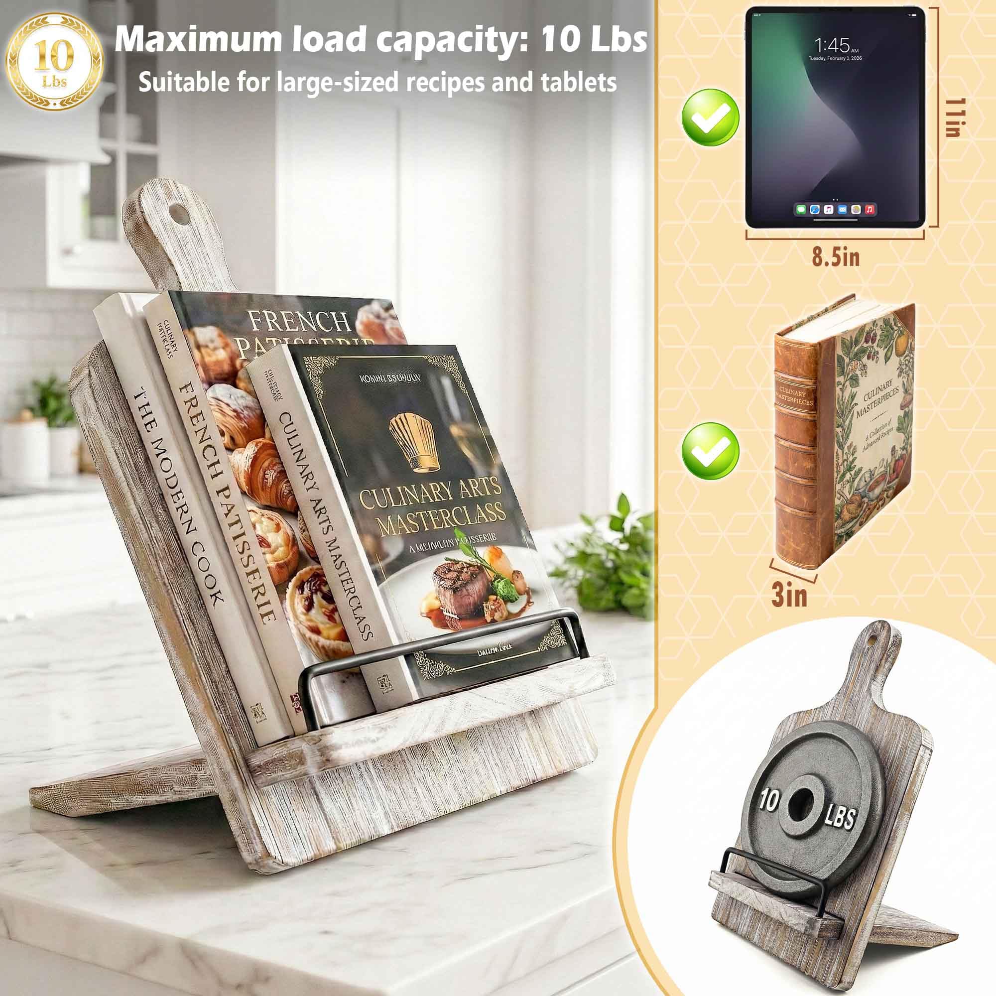 Soporte para libros de cocina Soporte para libros de cocina | Soporte para recetas de madera estilo tabla de cortar con soporte extraíble ajustable (gris)