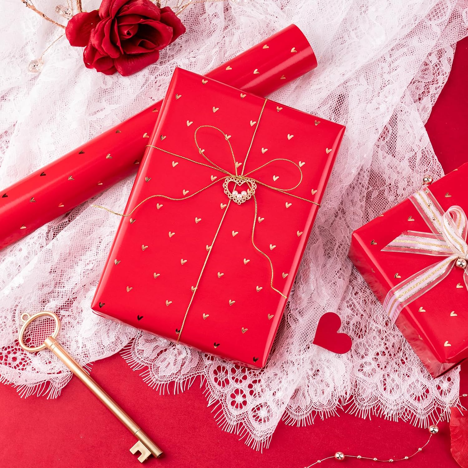 WRAPAHOLIC Valentine's Day Wrapping Paper - Mini Roll - 17 Inch X 33 Feet - Sweet Gold Foil Red Love Heart Design for Valentine's Day, Wedding, Anniversary, Birthday, Baby Shower - Image 7