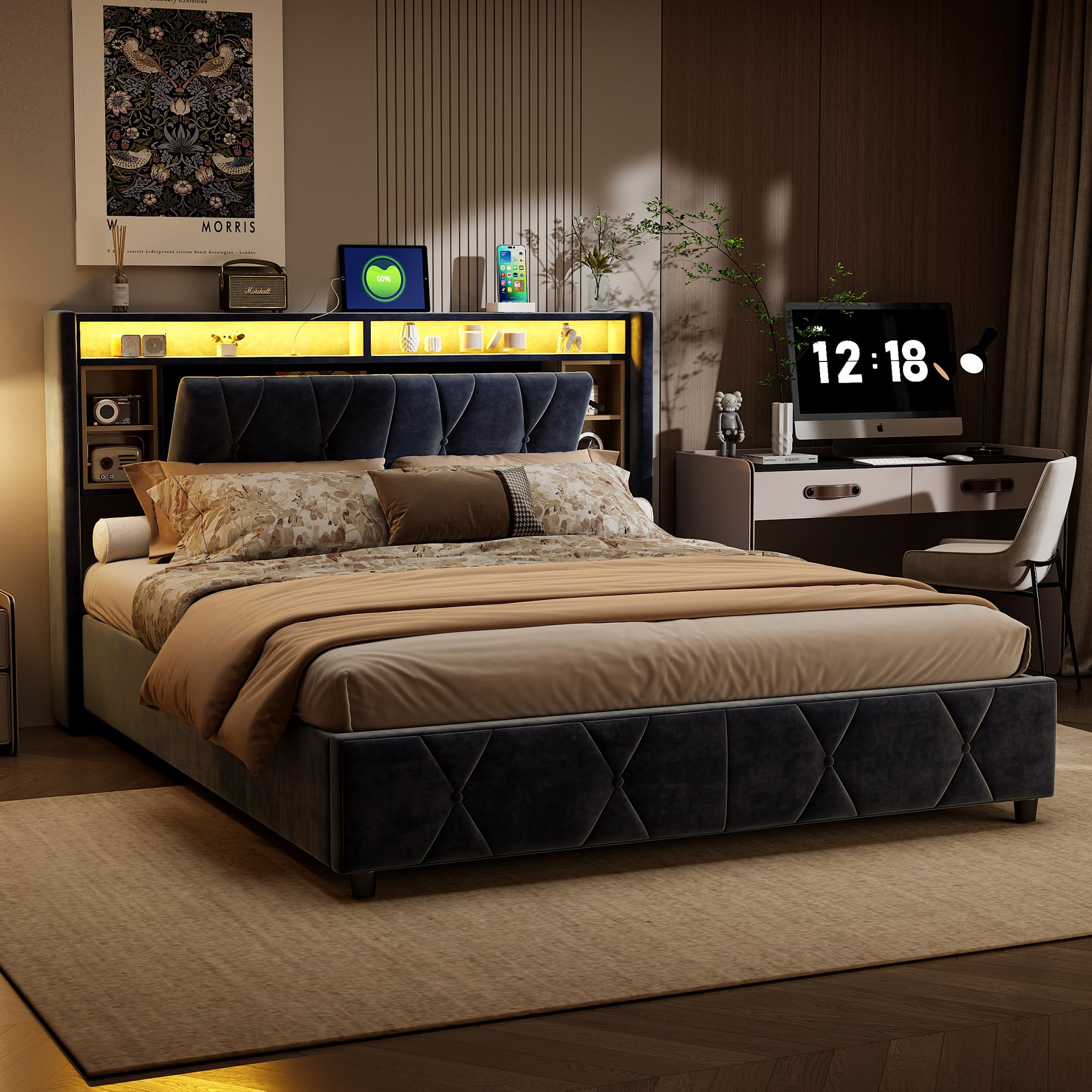 Letto Matrimoniale 160x190 Con Contenitore - Rete A Doghe, Testiera E Struttura In Ferro Nero - Foto 13