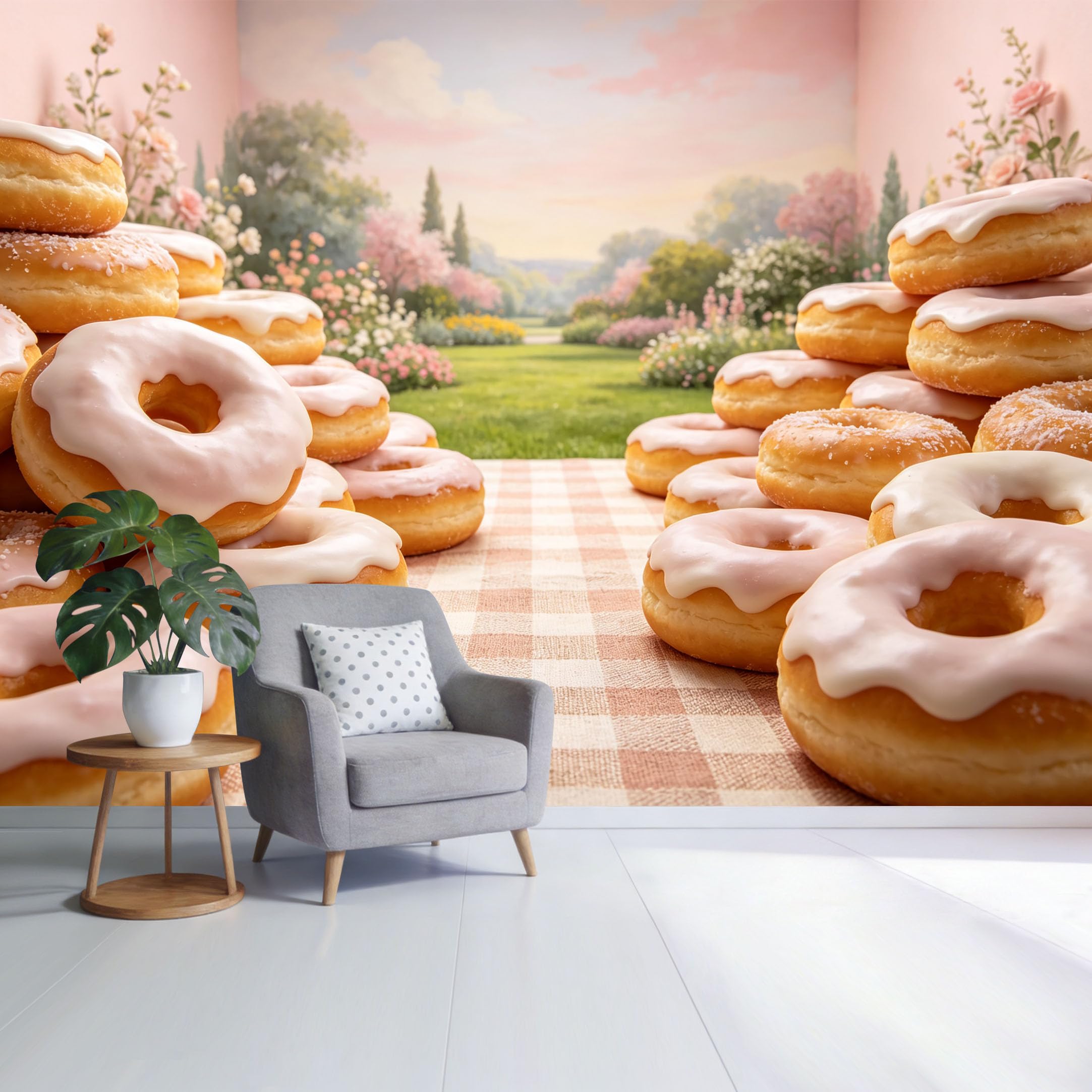 Custom Size Wall Mural Pastel Glazed Donuts Picnic Table with Spring Garden Landscape SelfAdhesive Wall Fabric Removable Wallpaper for Home Office Decor