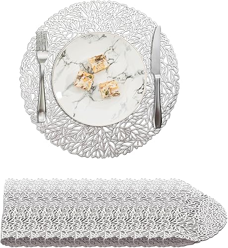 Miniatura 62 de BACKTOEDEN Juego de 6 manteles individuales redondos de color dorado claro, lavables, limpiables, resistentes al calor, manteles individuales de