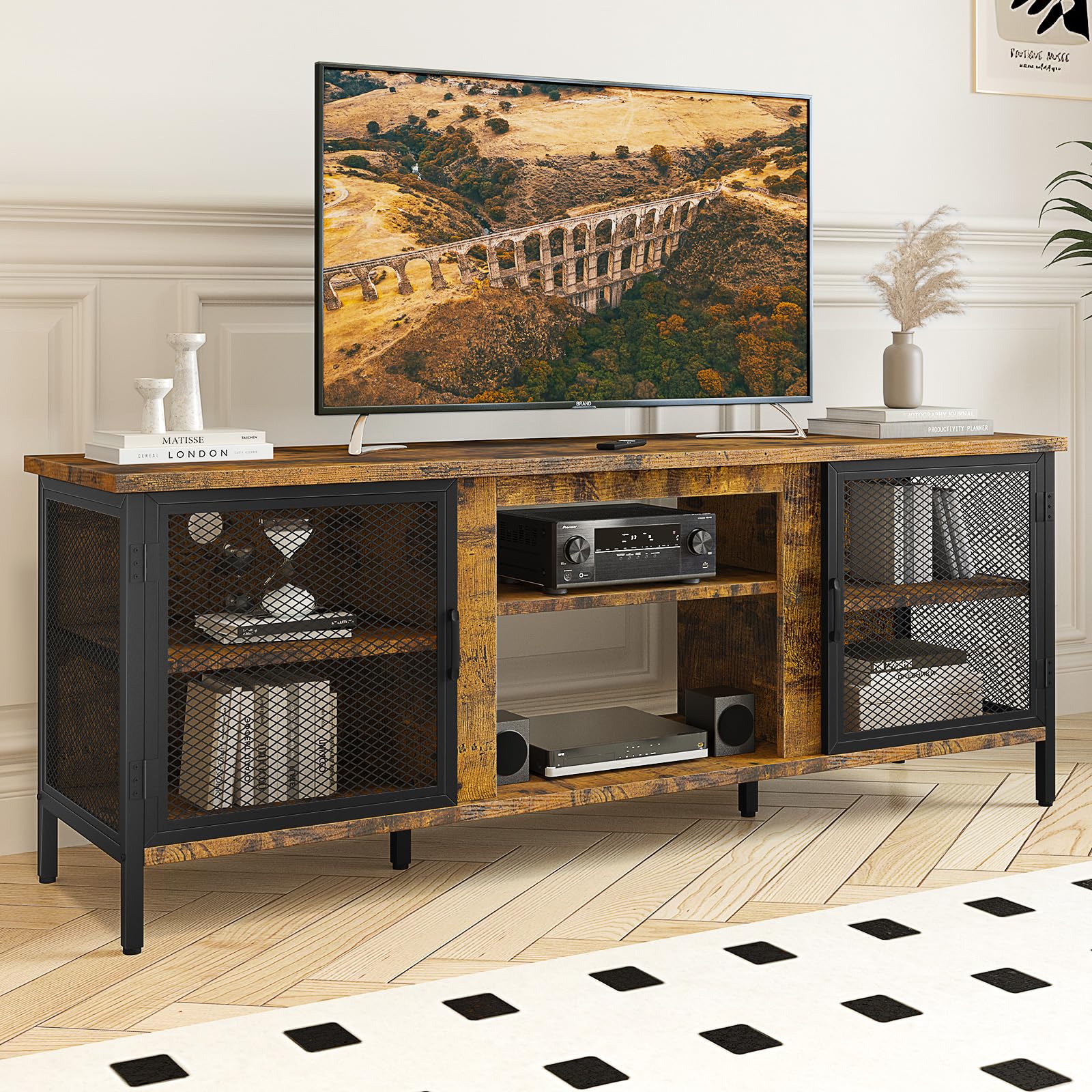 Mueble De TV Con Puertas Correderas - Soporte Para Televisores De Hasta 65 Pulgadas, Estantes Ajustables Y Diseño Industrial | Ideal Para Salón, Dormitorio U Oficina