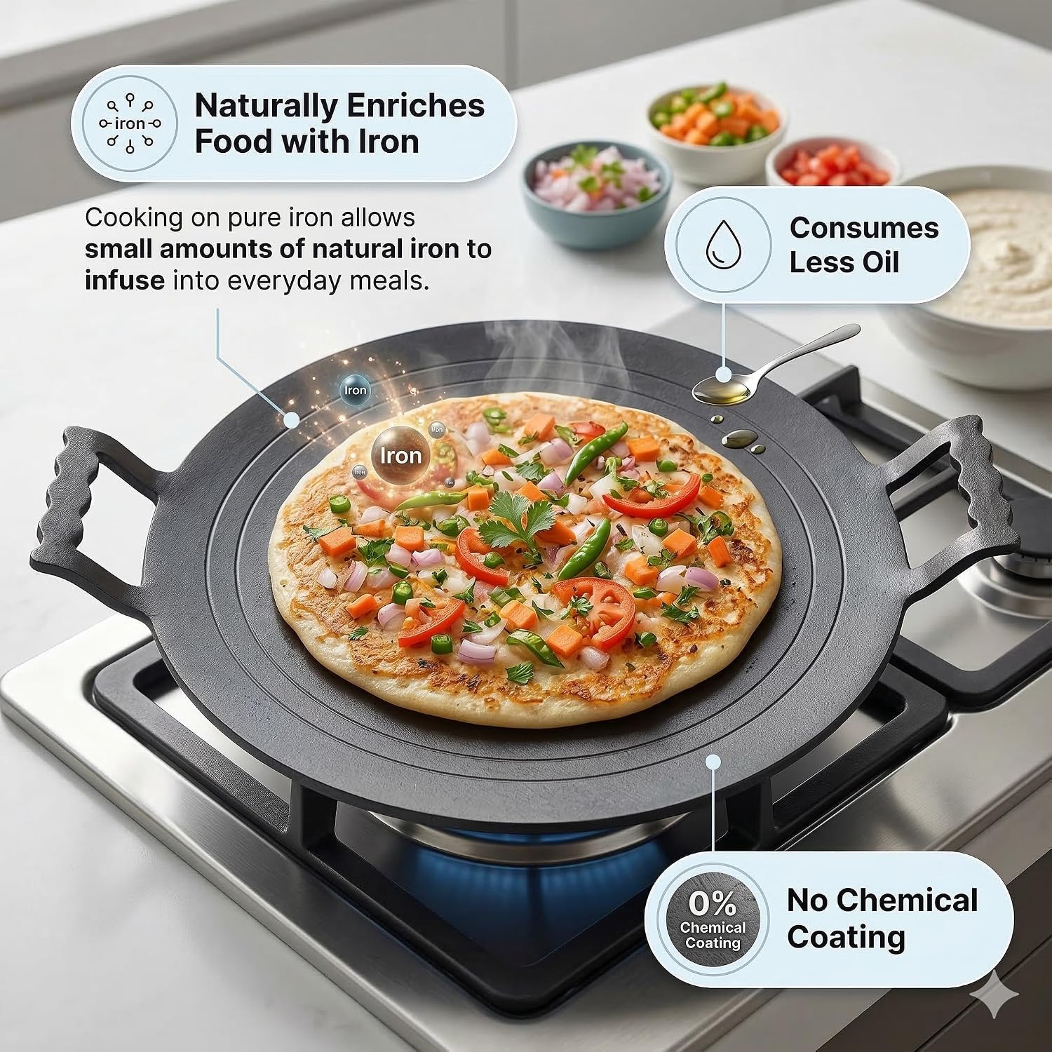 Iron Dosa Tawa with Free Turner - 12 Inch, Round, Heavy Duty Tawa for Crispy Dosas, Paratha & Chapati, Natural, Even Heat Distribution, No Chemical Coating - Black
