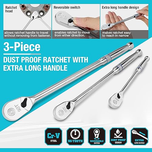 Miniatura 3 de DURATECH Mango de trinquete de 3 piezas, mango de trinquete extra largo, 14 pulgadas, 38 pulgadas, 12 pulgadas, llave de trinquete de 90 dientes con