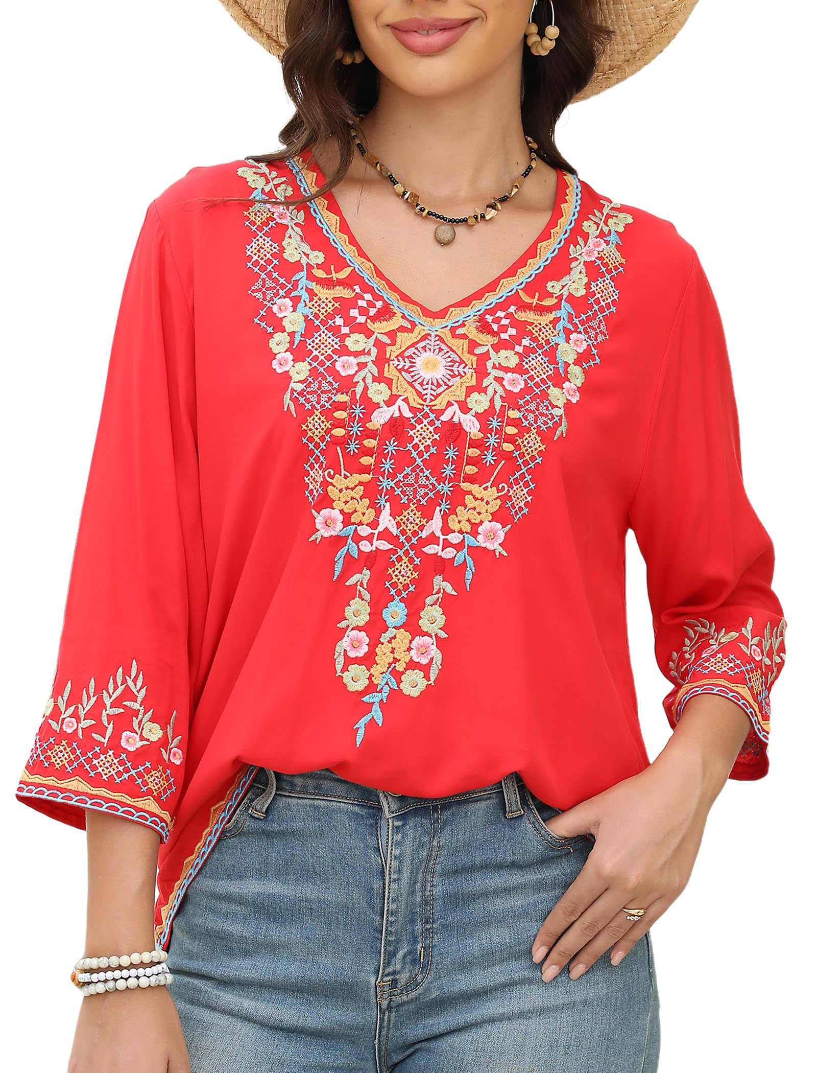 AK Women's Embroidered Tops 3/4 Sleeve Traditional Mexican Shirts for Women V Neck Peasant Tunic Blouses