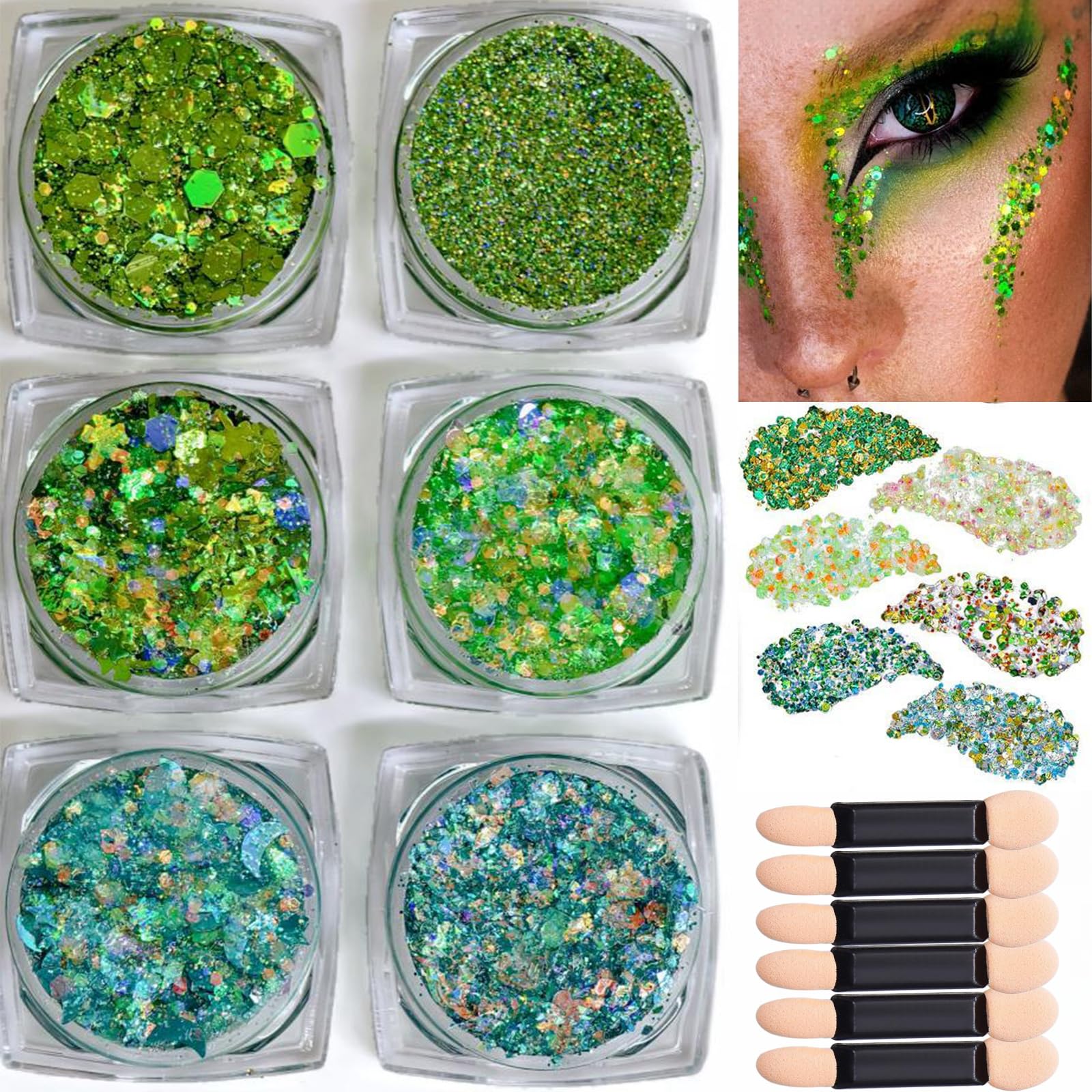 Chunky Holographic Glitter Gel Kit for Face, Hair & Art Projects - 6 Unique Shapes with Mermaid Sequins in Green and Teal, Long Lasting Water-Resistant Festival Makeup Set Including Applicators