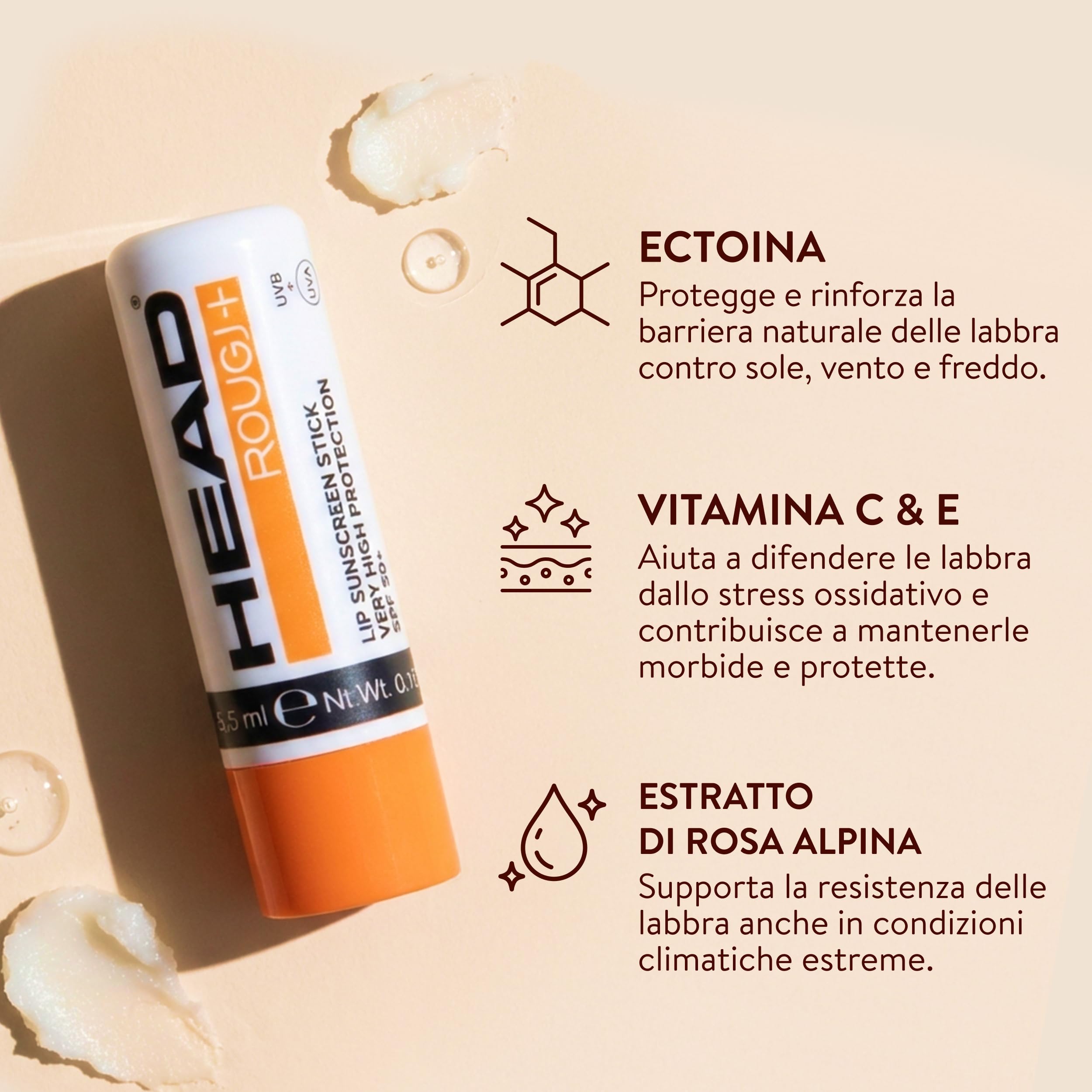 HEAD BY ROUGJ Stick Labbra Protezione Solare 50+ con Formula Invisibile per Comfort Quotidiano e Difesa in Condizioni Estreme, Lip Balm Spf 50 Texture Leggera e Resistente all’Acqua - Made in Italy