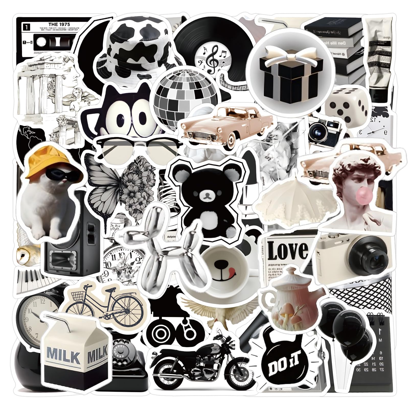 61pcs Vintage Black & White Stickers Pack – Aesthetic VSCO Decals For Water Bottles, Laptops, Skateboards, Phones
