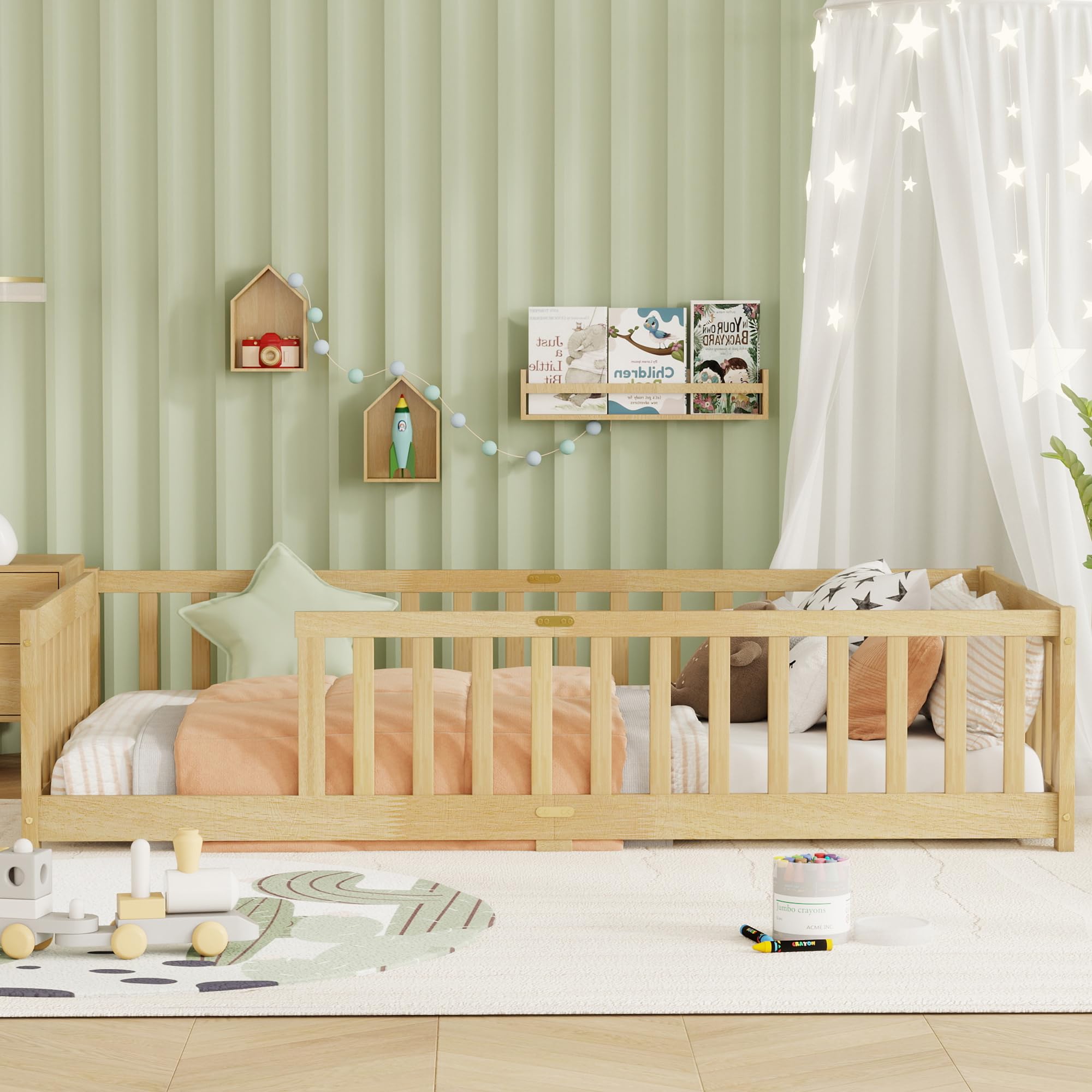 twin size floor bed for kids, montessori floor bed twin with fence without door & safety guardrails, wooden montessori beds for boys & girls, natural