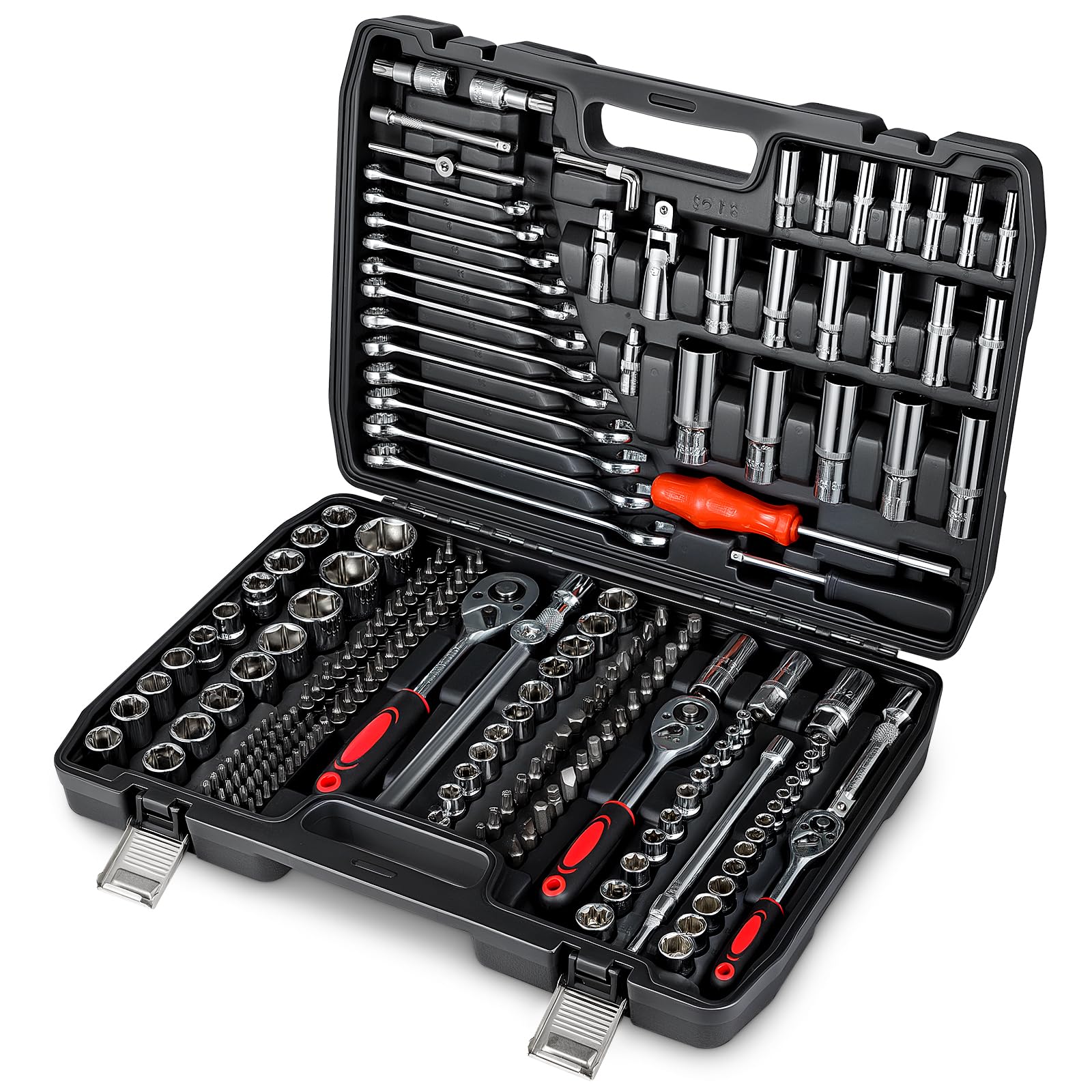 CROWNSHOP Mechanic Tool Set, 216 Pieces(Including The Case) – 1/2", 1/4", 3/8" Drive Socket Set with Ratchet Wrenches, Spanners, Bits, Hex Keys – Car & Home Repair Tool Kit in Case
