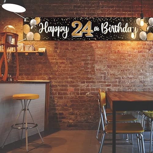 Vista 27 de Cartel de feliz cumpleaños 25 negro y dorado para patio, cartel de felicitación a 25 años de edad, telón de fondo fotoprop para el hogar, decoración