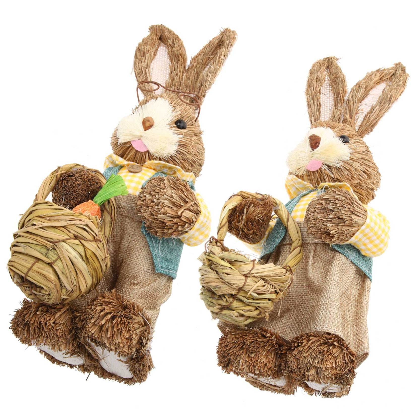 Handgewebte Hasenfigur aus Stroh und Baumwollstoff, 2 Stück