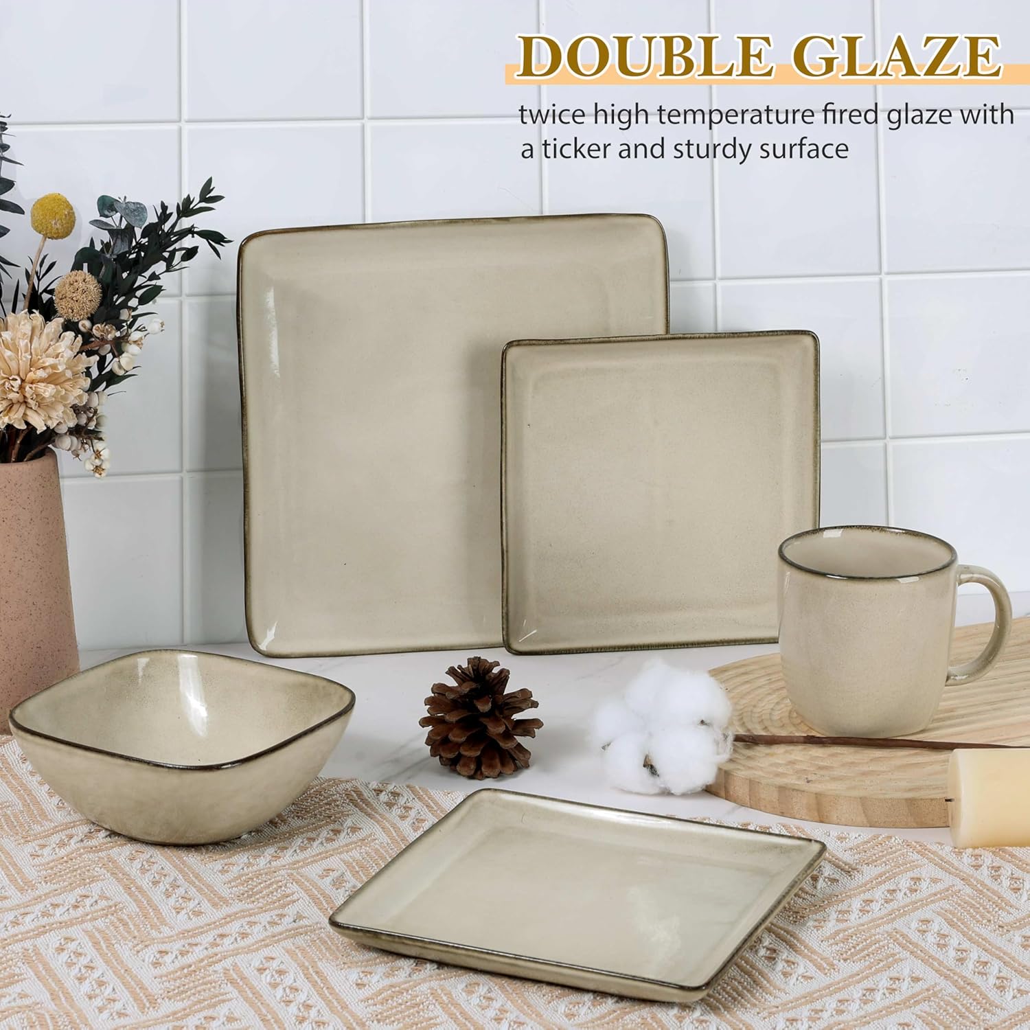 LIANYU 16 Piece Square Dinnerware Set for 4, Stoneware Plates and Bowls Dish Set, Includes Dinner Salad Plates, Cereal Bowls, Mugs, Microwave & Dishwasher Safe, Sandy Beige