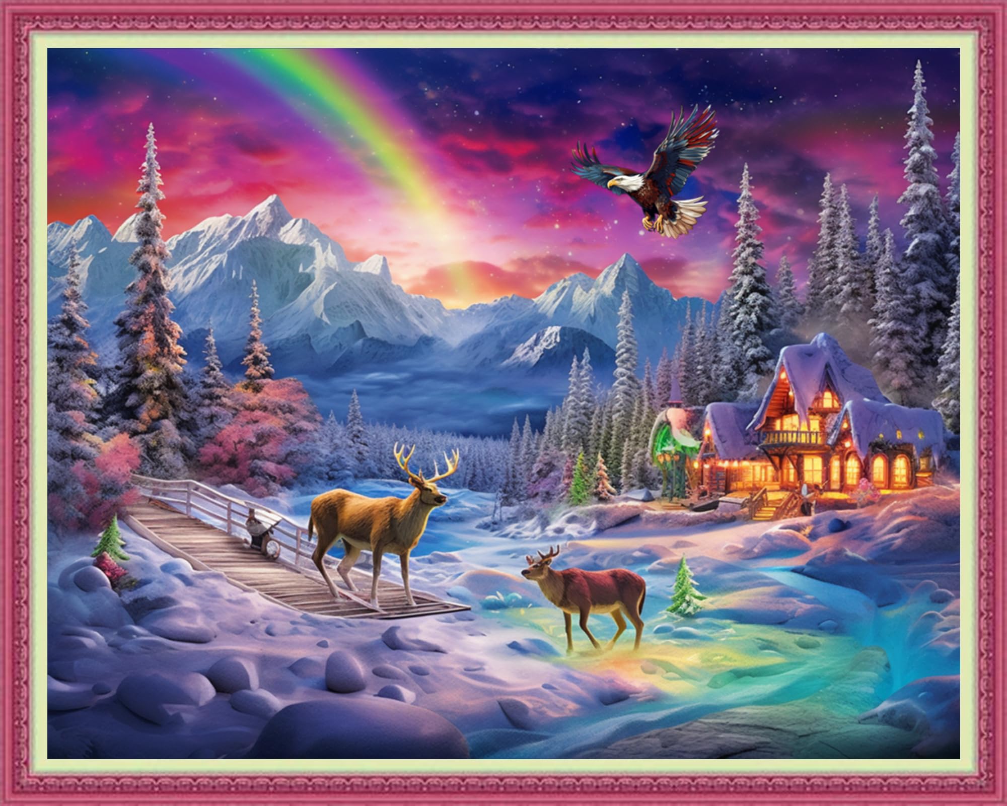DMCVIVR Stamped Cross Stitch Kits for Beginners Adults Needlepoint Kits for Beginners Embroidery Kits for Adults Crossstitch Kit for Beginners 11CT-Aurora Elk 16x20 inch