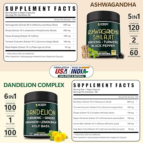 Miniatura 2 de Paquete de Ashwagandha Shilajit de 5 pulgadas y suplemento de diente de león 6 en 1 - Apoya la salud del corazón, la salud de la digestión y el