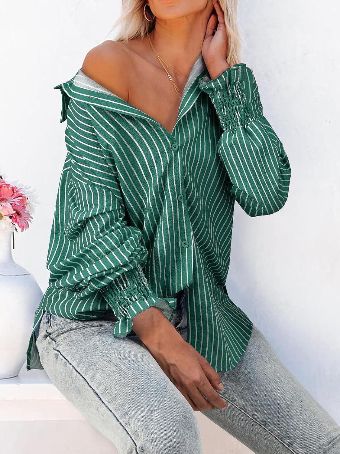 Women's Striped Button Down Shirts Long Sleeve Smocked Cuffed Oversized Boyfriend Blouses Collared Work No Pockets Tops - Image 4