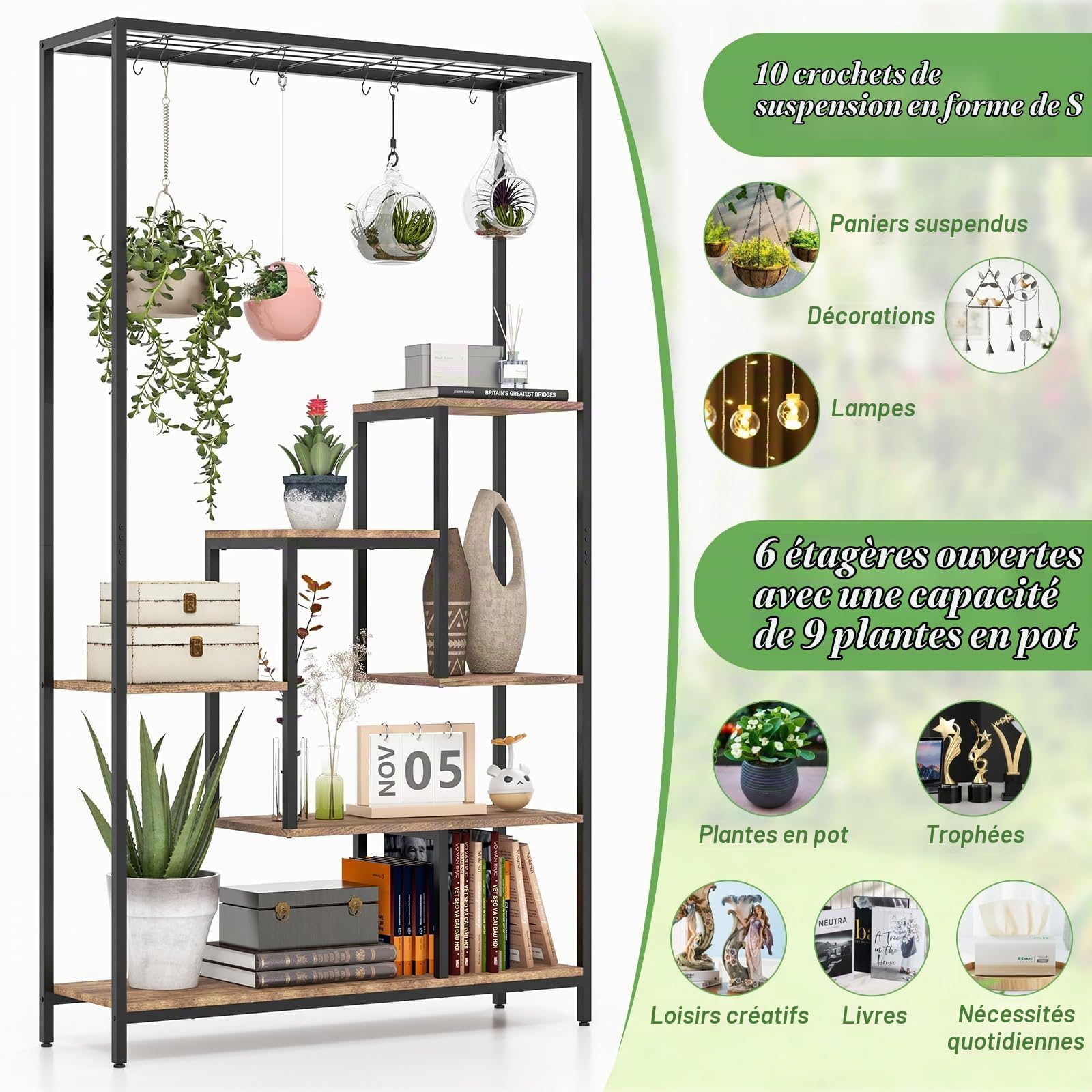 GOPLUS Support Plantes Intérieur avec 6 Étagères, Porte Plante Intérieur pour Pots de Fleurs, 10 Crochets, Étagère à Fleur en Bois et en Métal, Idéal pour Balcon, Salon, 100 x 30 x 180 CM (Marron)