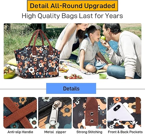 Miniatura 4 de HOMESPON - Bolsa de almuerzo reutilizable aislada con bolsillos para mujer, hombre, trabajo, compras o viajes (negro con flores coloridas)