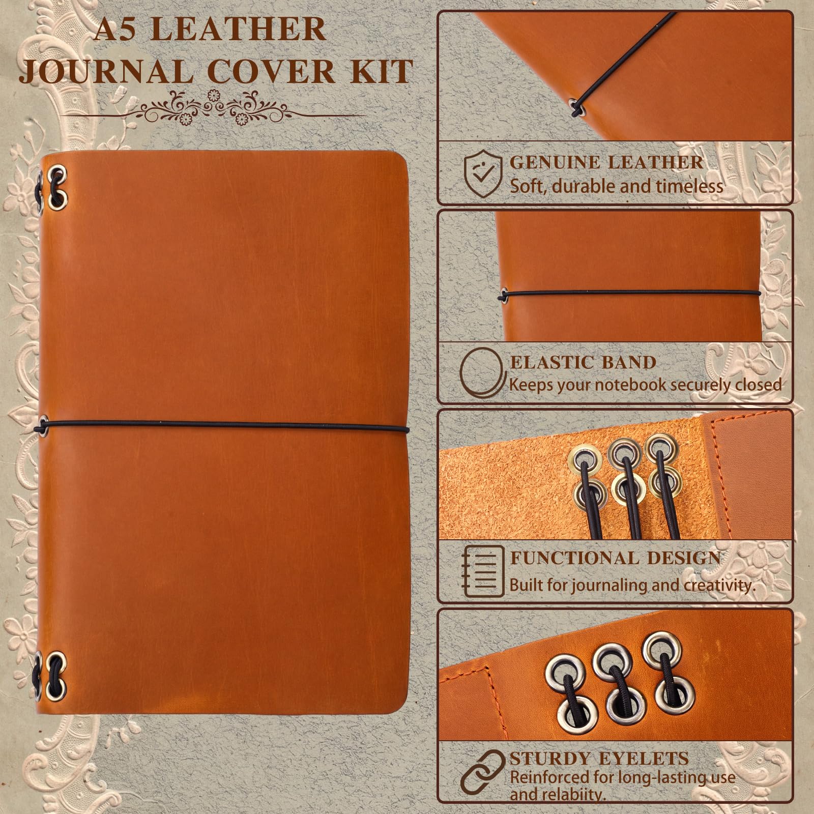 MotiMind Kit de couverture de journal de voyage en cuir A5, 13 pièces, rechargeable, avec clip sirène, breloques décoratives, carnet de notes personnalisé, coffret cadeau pour filles, femmes (marron)