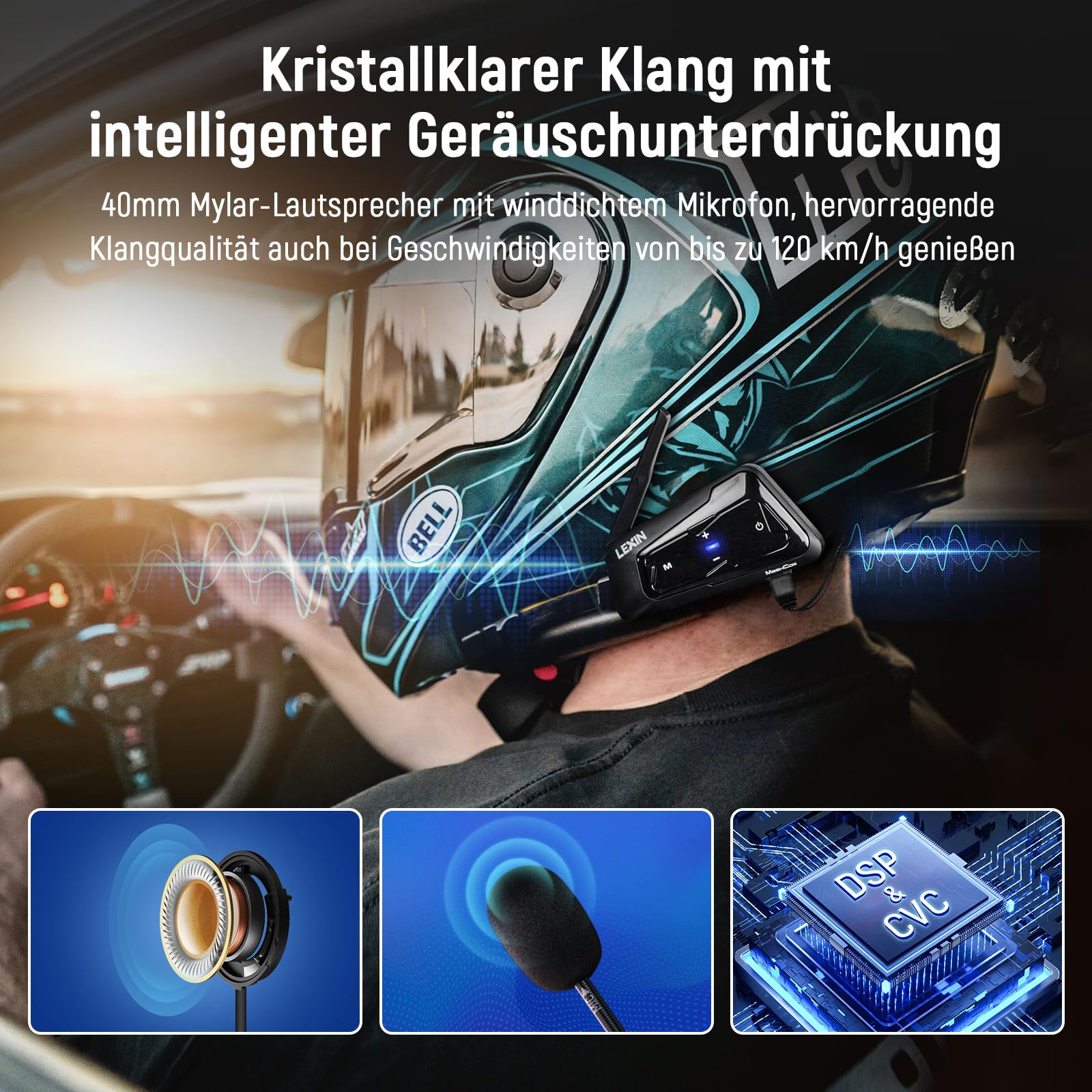 LEXIN MeshCom Bluetooth Headset für Motorrad, Helm Mesh Kommunikationssystem, CVC und DSP Geräuschunterdrückung, Audio-Multitasking Funktion, IP67 Wasserdicht, Doppelpack