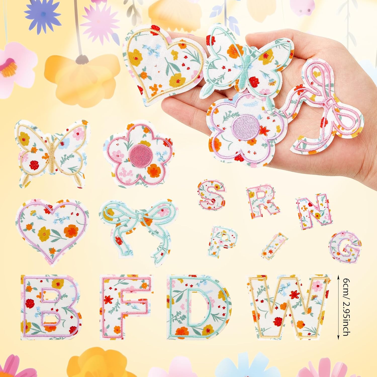 Hanaive 136 Pcs Chenille Letter Patches Self Adhesive Stickers for DIY Cute Smile Face Heart Rainbow Patches for Clothing Backpacks Bags Jackets Hat Decoration(Floral Style,Pale Yellow Color)