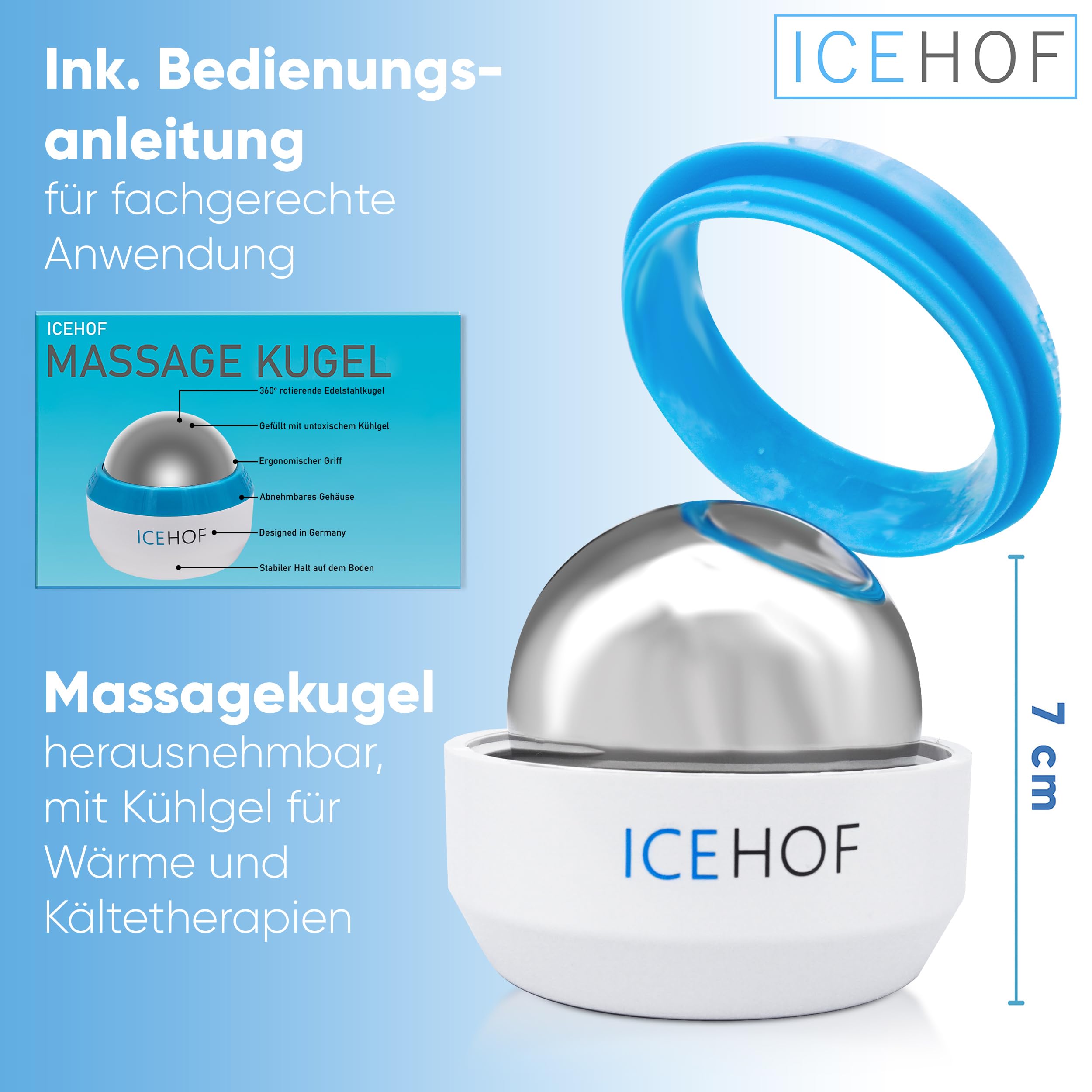 ICEHOF Bola de masaje con enfriamiento - Bola de masaje para fascia - Rodillo facial, en todo el cuerpo con gel refrescante - funciones de masaje y enfriamiento o calentamiento