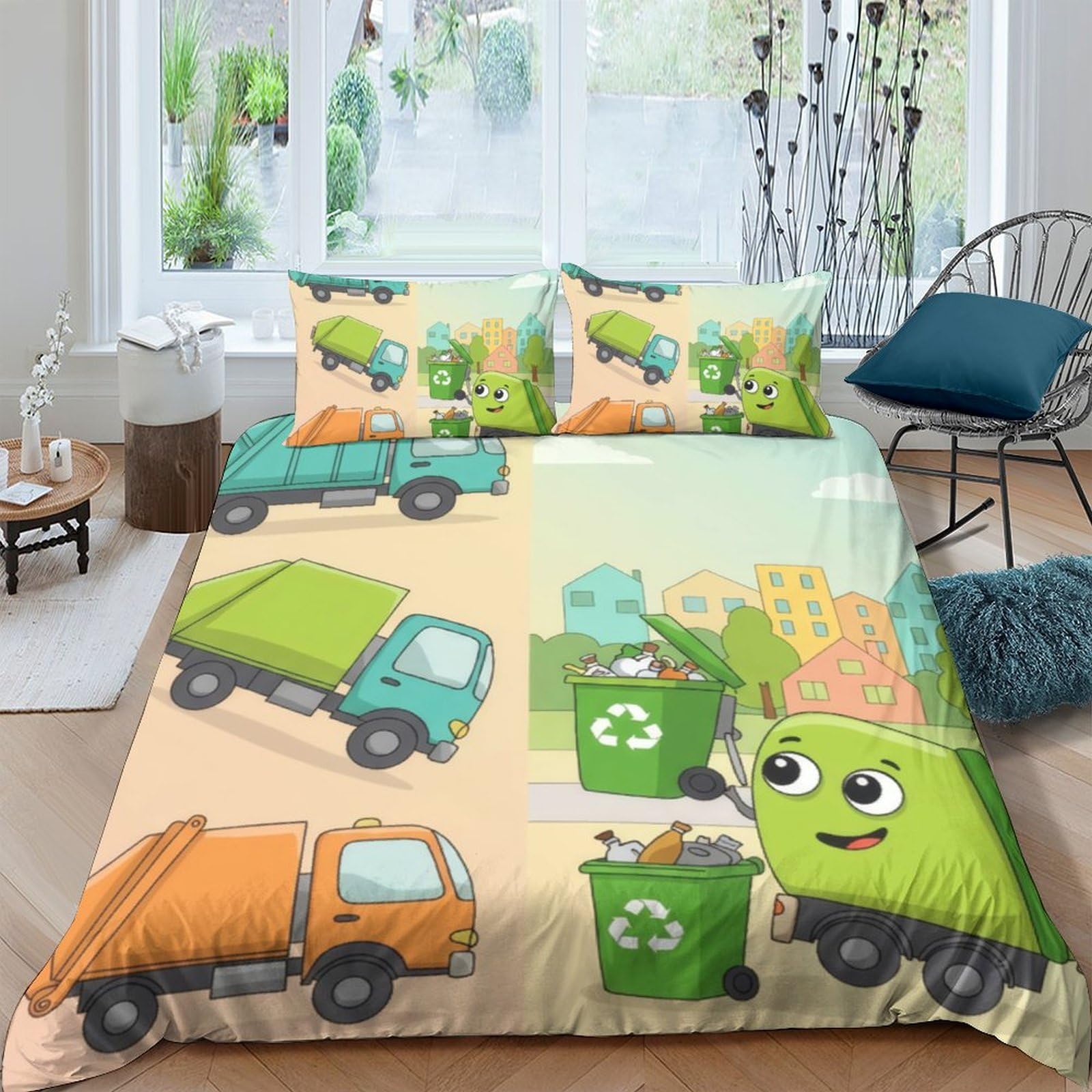 GPLZQXKJNH 3D Printed Garbage Truck Duvet Cover Microfiber Soft Recycle Bin Bedding Set with 2 Pillowcases for Bedroom Home Decor Single（135x200cm）