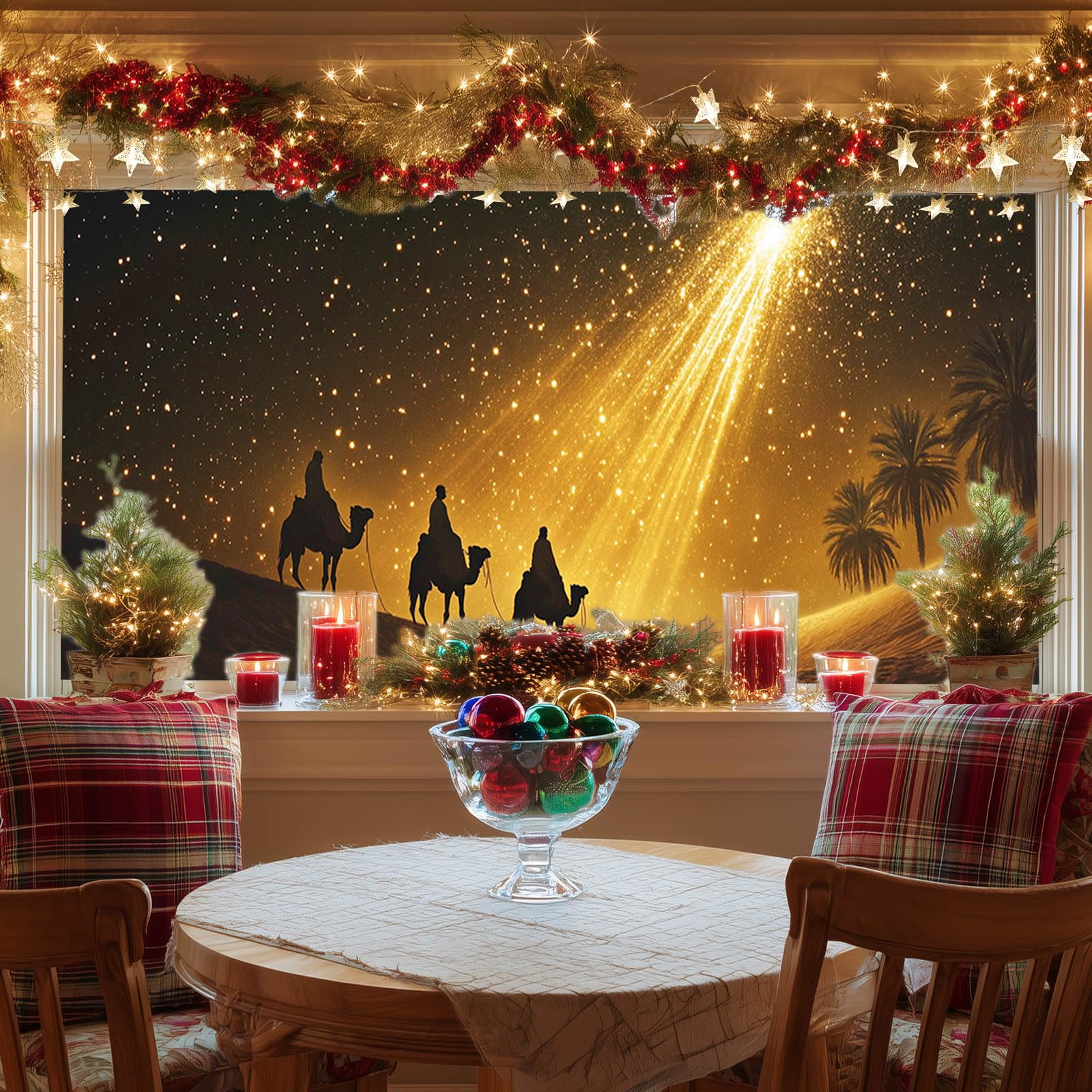 Hometitute Men's Christmas Window Film#01 Stained Glass Window Film Three Wise Star Of Bethlehem Night Sky Decorative Window Clings Privacy Glass Stickers For Home Living Room Bedroom Christmas Nativity Art 39.3 × 17.7 Inchs