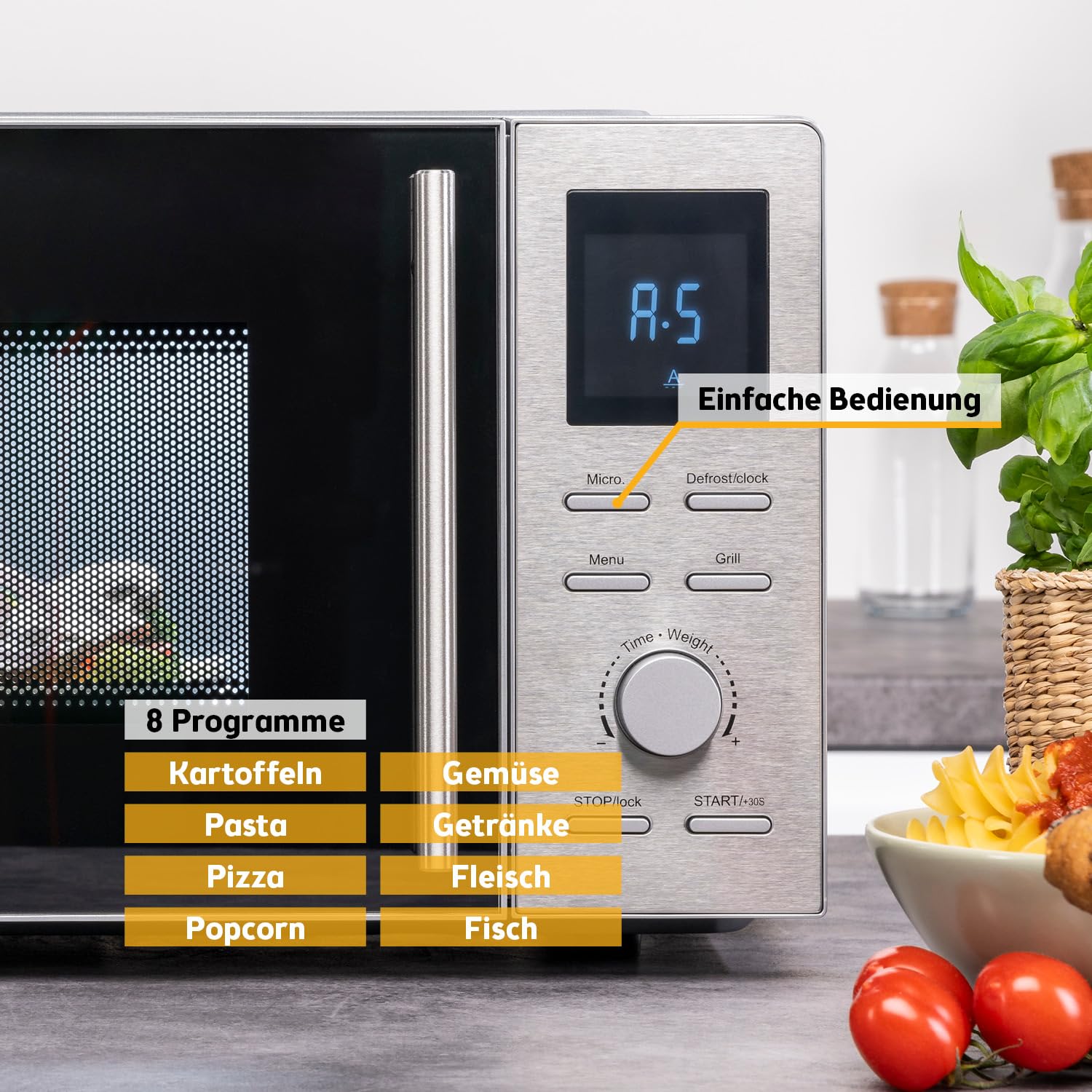 TZS First Austria - Mikrowelle mit Grill - 2-in-1 Mikrowellenofen - 20 Liter - 700 W Mikrowelle & 800 W Grill - Schnellstart - 8 Programme - LCD-Display - Edelstahl