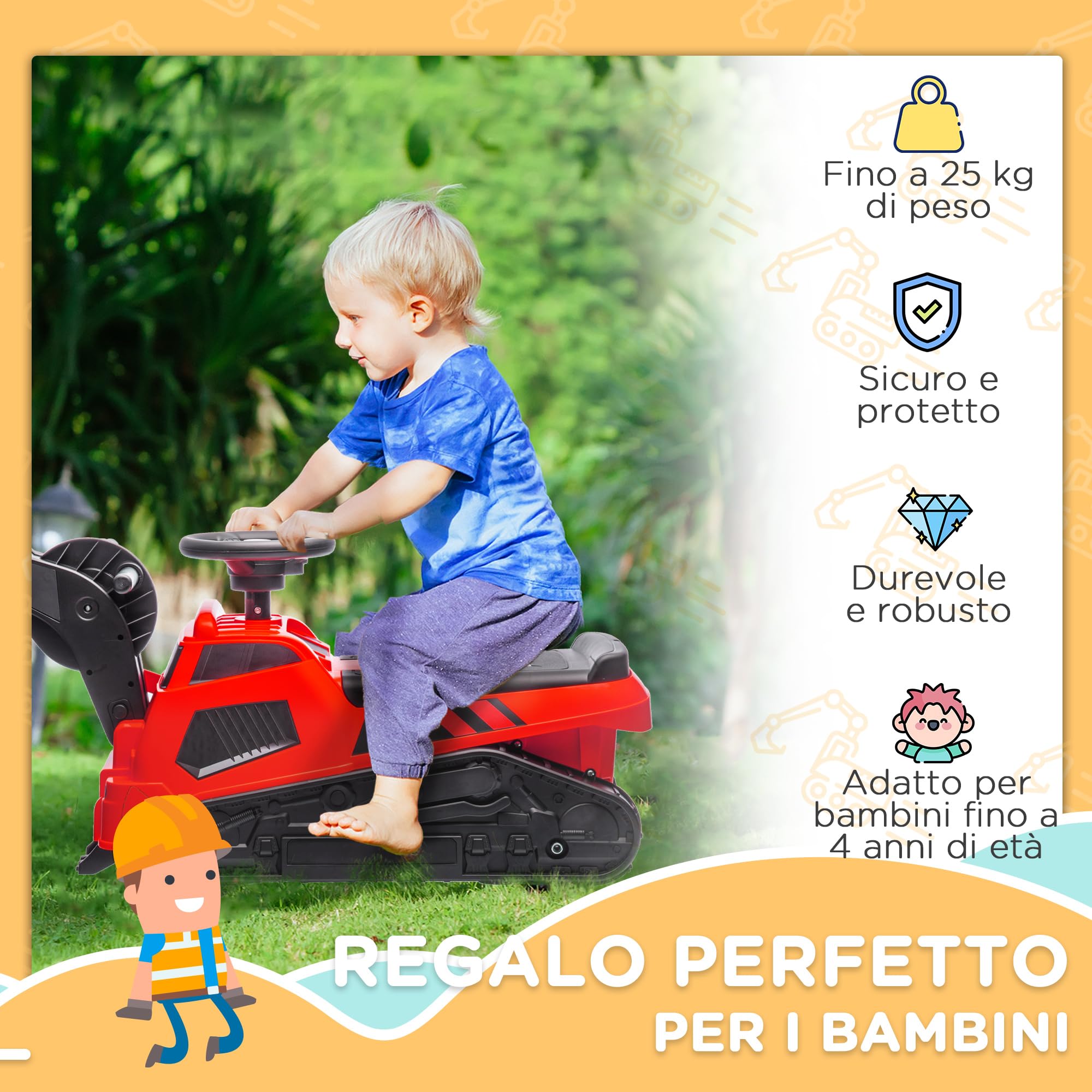 HOMCOM Ruspa Giocattolo con Volante e Benna di Scavo, 3 in 1 Macchina Cavalcabile per Bambini da 18 Mesi-2 Anni, 100x43x48.5 cm, Rosso