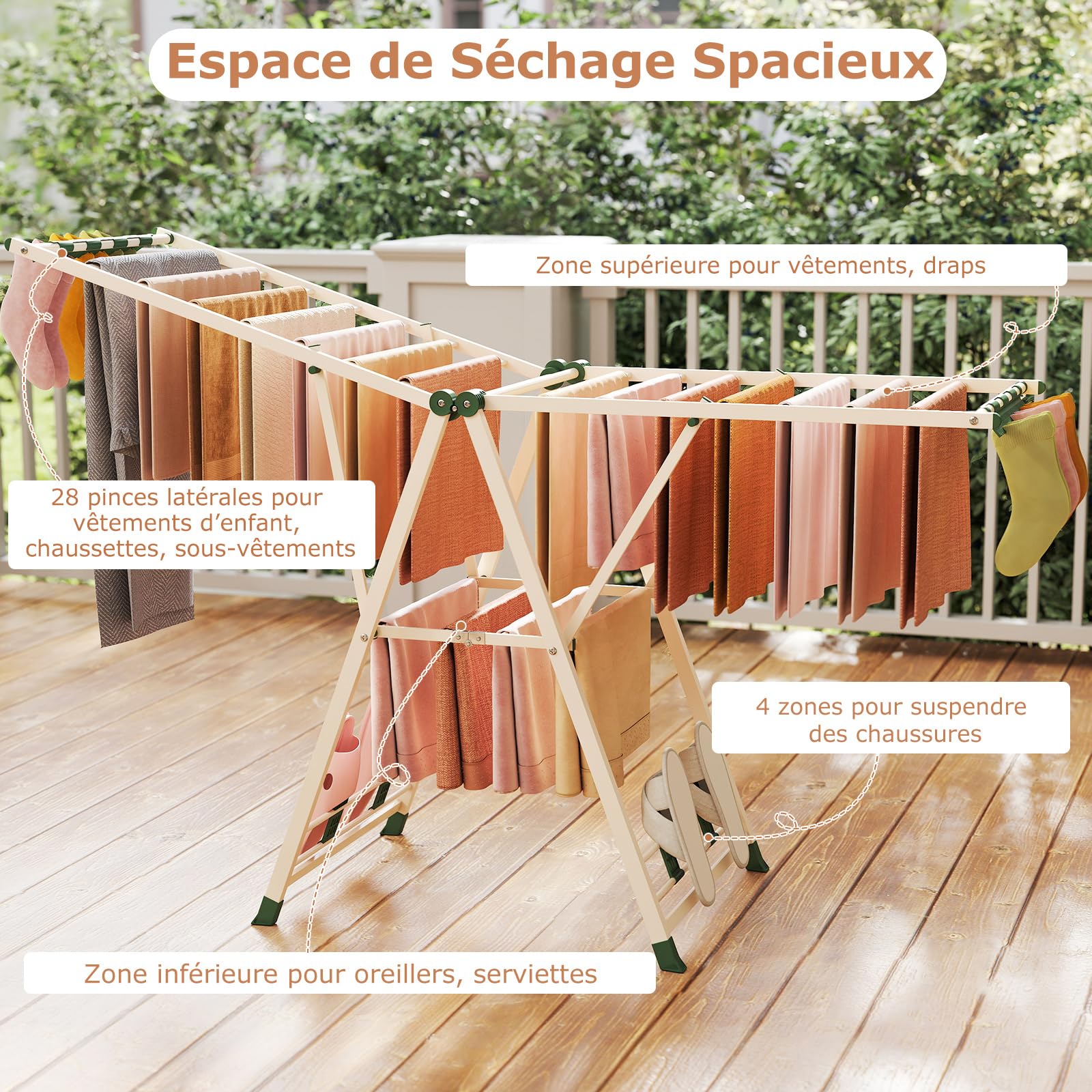 COSTWAY Etendoir Linge Pliable, Sechoir a Linge Pliable 20 Barres, Cadre en Acier, Hauteur Réglable 99-168 cm, Pinces à Chaussettes, 4 Porte-Chaussures, Tancarville Linge Intérieur (Beige,184 cm)