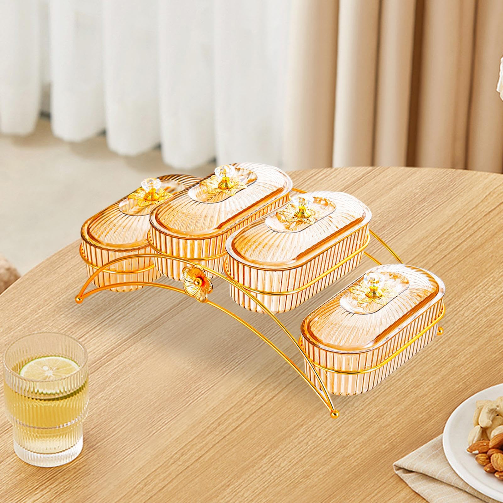 Amagogo Plateau de Noix et Fruits Secs, Plat à Collation avec Couvercle, 4 Grilles Ambre