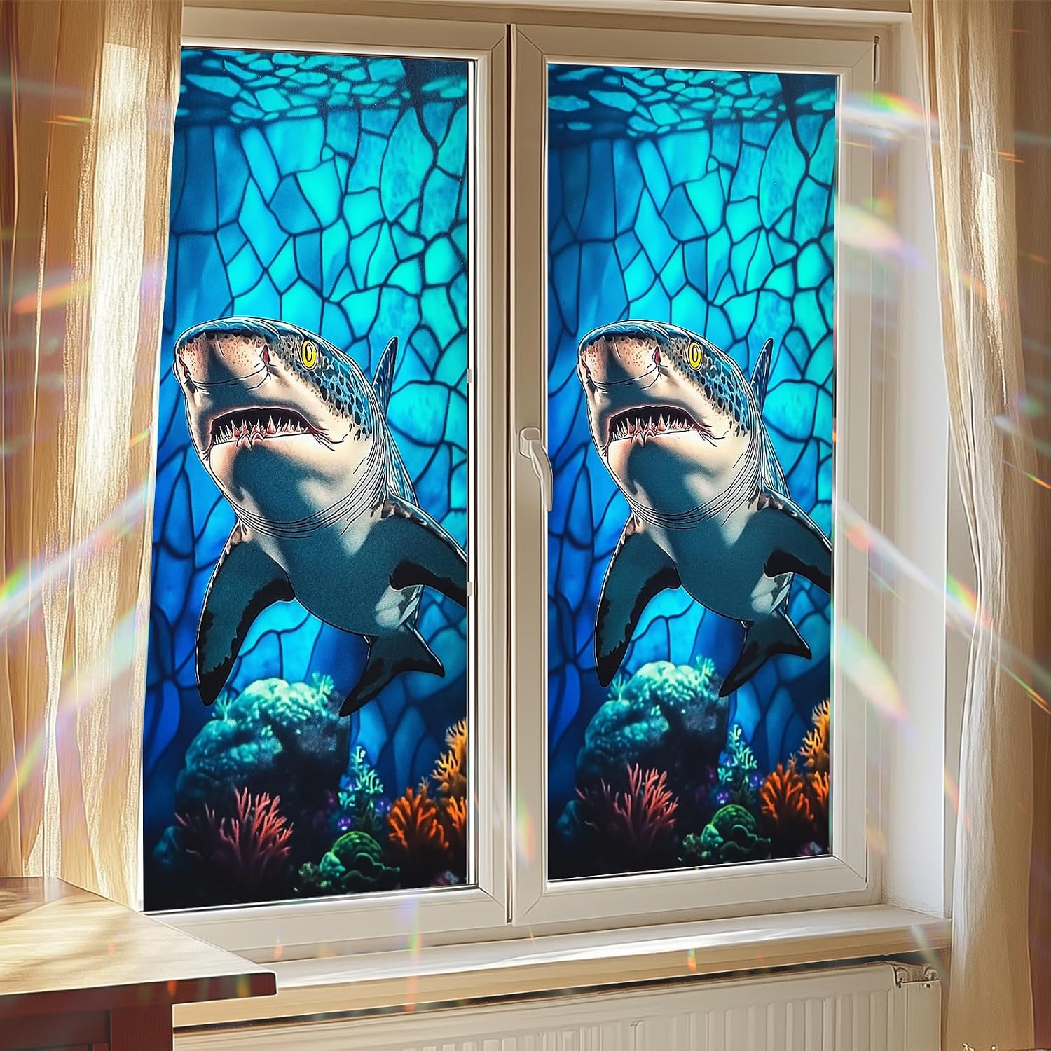 HOMETITUTE Shark Window Privacy Film Stained Glass Window Film Decorative Privacy Film Ocean Themed Static Cling Non-Adhesive Glass Film for Home Office Bathroom Bedroom Living Room 17.7 x 39.3 Inch