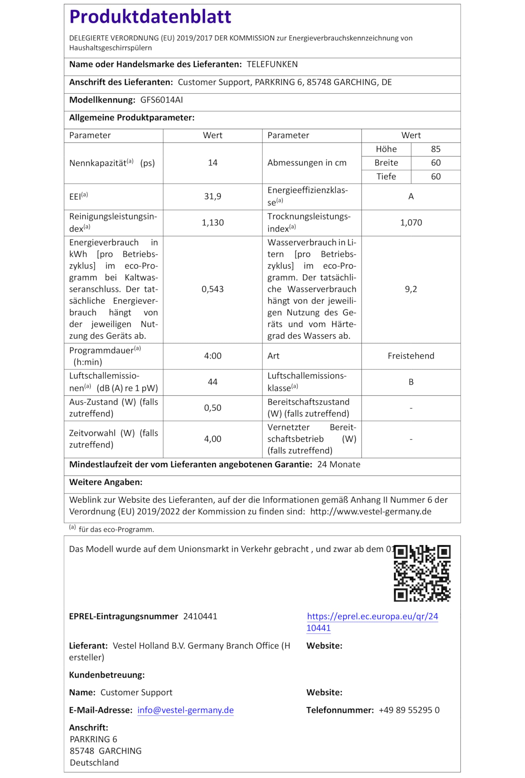Telefunken Geschirrspüler 60 cm | Spülmaschine freistehend | 14 Maßgedecke | 9 Programme | AquaStop | EEK A | 44 dB | Startzeitvorwahl | Auto-Door | Unterbaufähig | Besteckkorb | Silber | GFS6014AI