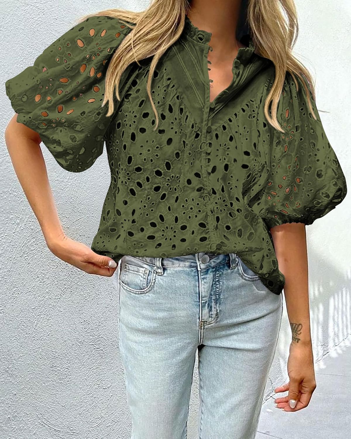 PRETTYGARDEN Women's Summer Tops 2026 Dressy Casual Short Sleeve V Neck Buttons Hollow Eyelet Lace Embroidered Blouses Shirts - Image 3
