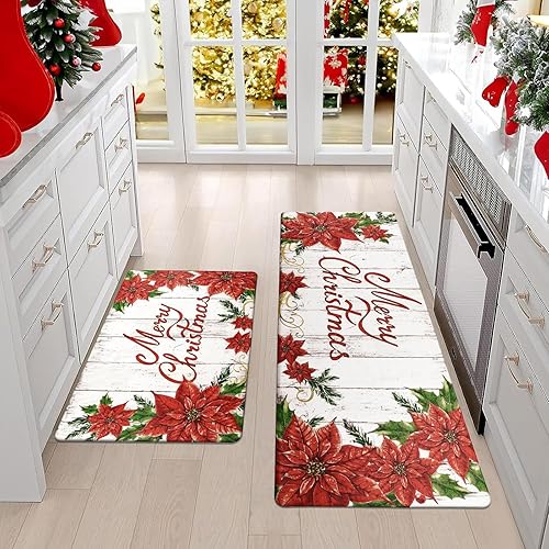Miniatura 2 de Pauwer Juego de 2 alfombras de cocina con texto en inglés "Merry Christmas", tapetes de cocina con diseño de búfalo rojo, antideslizantes,