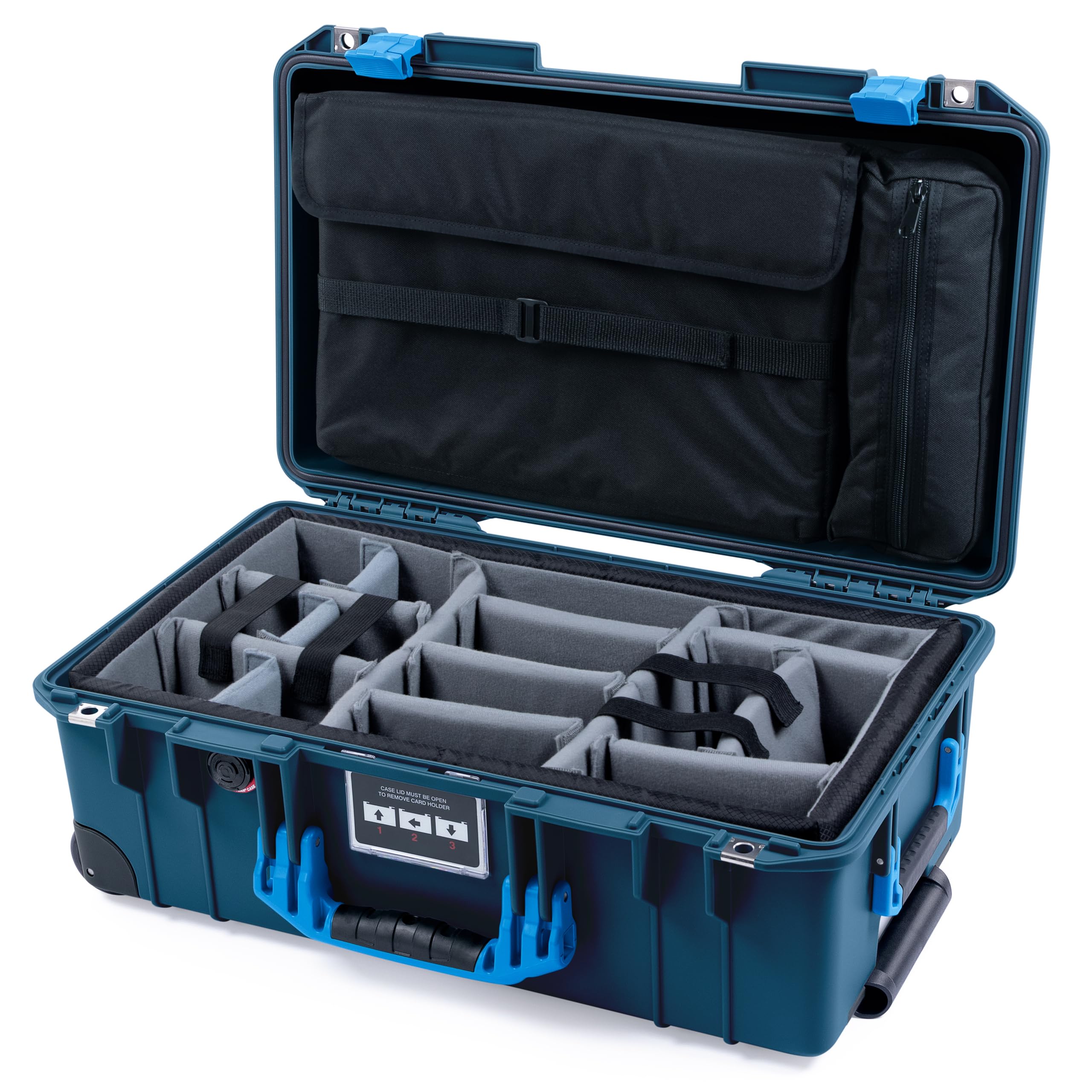 ColorCase Pelican Air 1535 Carry-on Case Deep Pacific Blue - Medium Size Waterproof Case with Gray Padded Microfiber Dividers & Laptop Computer Lid Pouch - Blue Handles & Latches