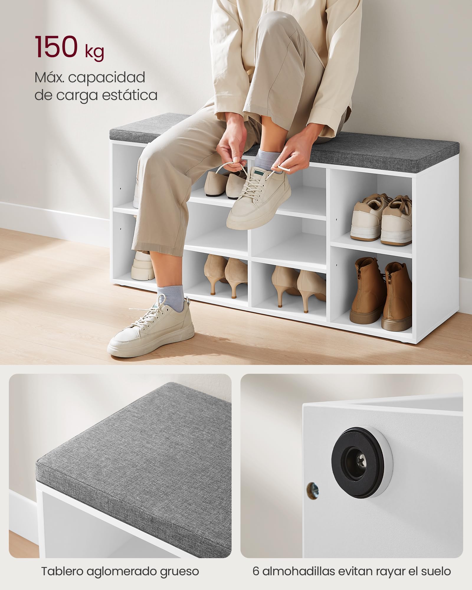 VASAGLE Banco para Zapatos, Repisa para Zapatos, Armario de Almacenamiento, 10 Compartimentos, con Cojín, para Entrada, 104 x 30 x 48 cm, Blanco LHS10WT