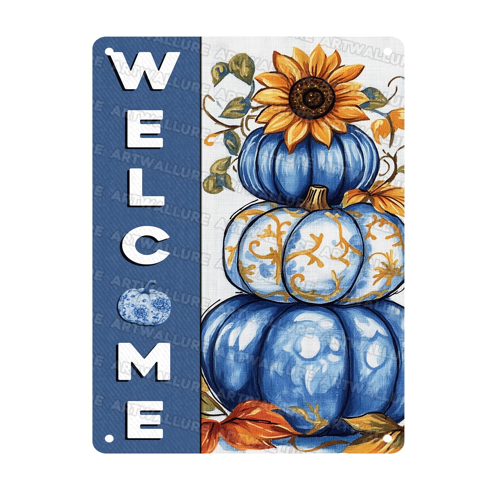 Autumn Metal Tin Sign Vintage Fall Blue Pumpkin Sunflower Rustic Wall Decor Thanksgiving Tin Plaque Retro Wall Art 12x16inch