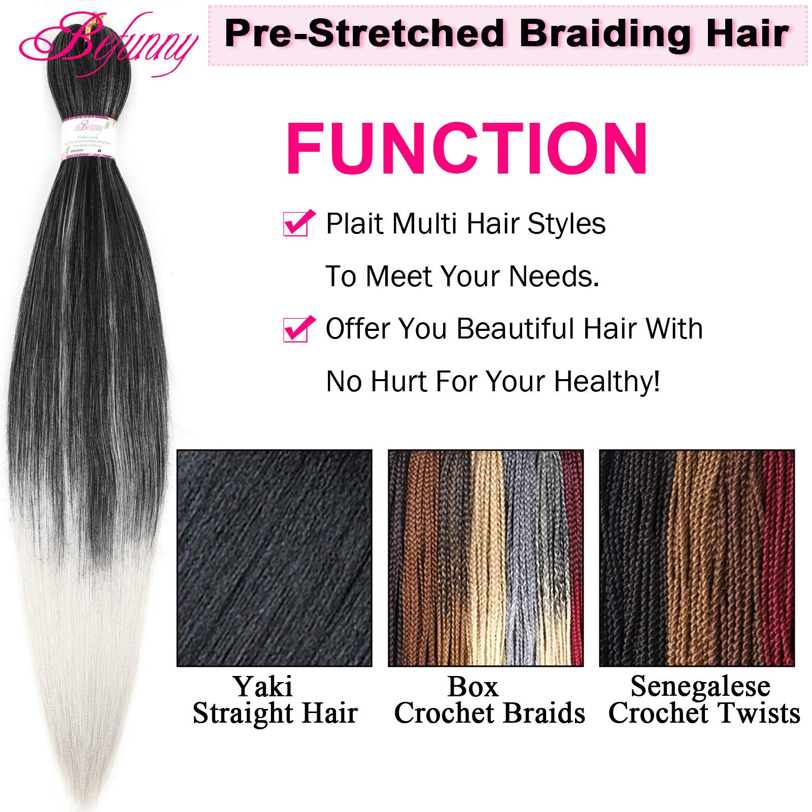 Pre Stretched Braiding Hair Grey 8 Packs 24 Inch Two Tone Mixed Black